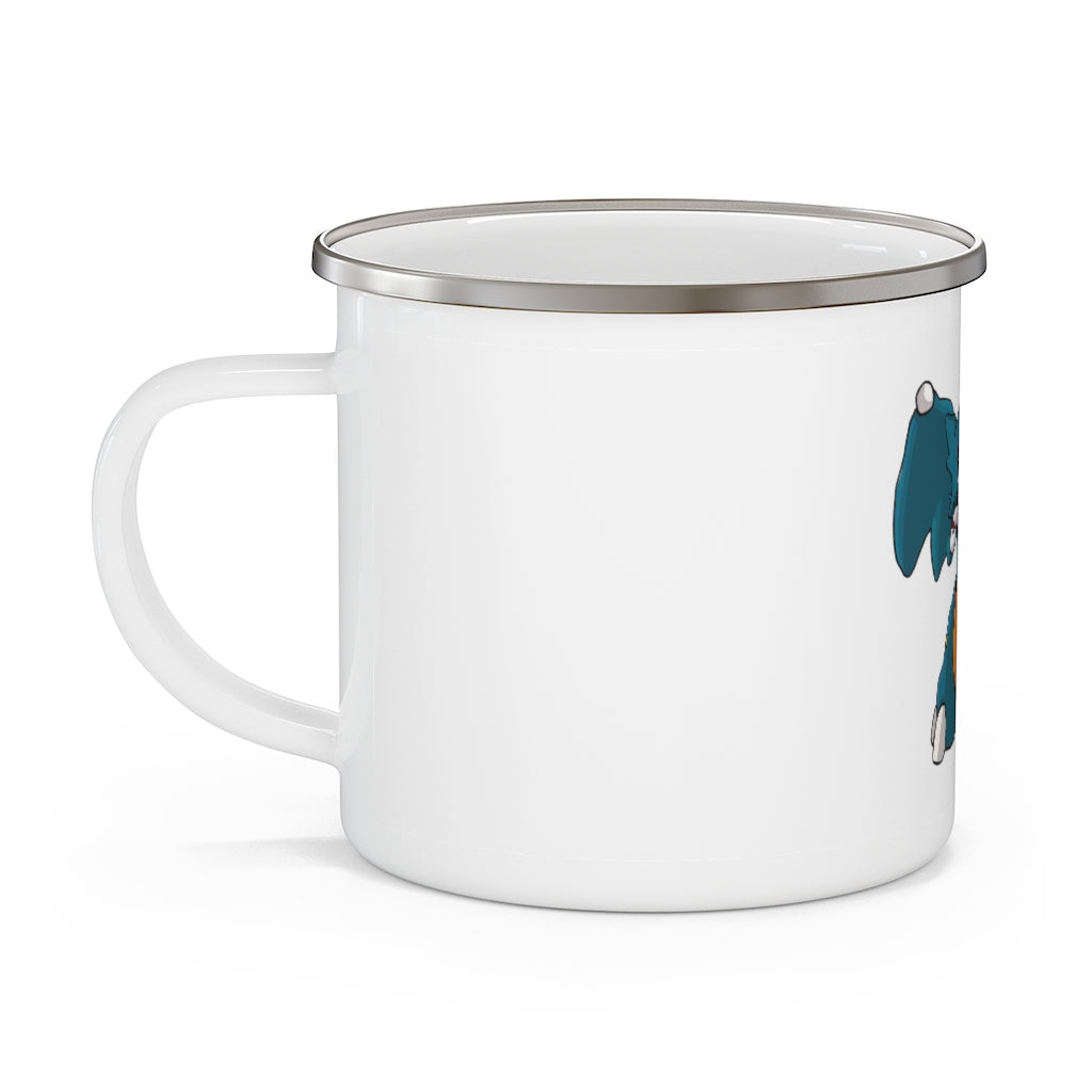 Tuskhann Enamel Camping Mug with a C-handle, showcasing a vibrant custom design, perfect for outdoor adventures.