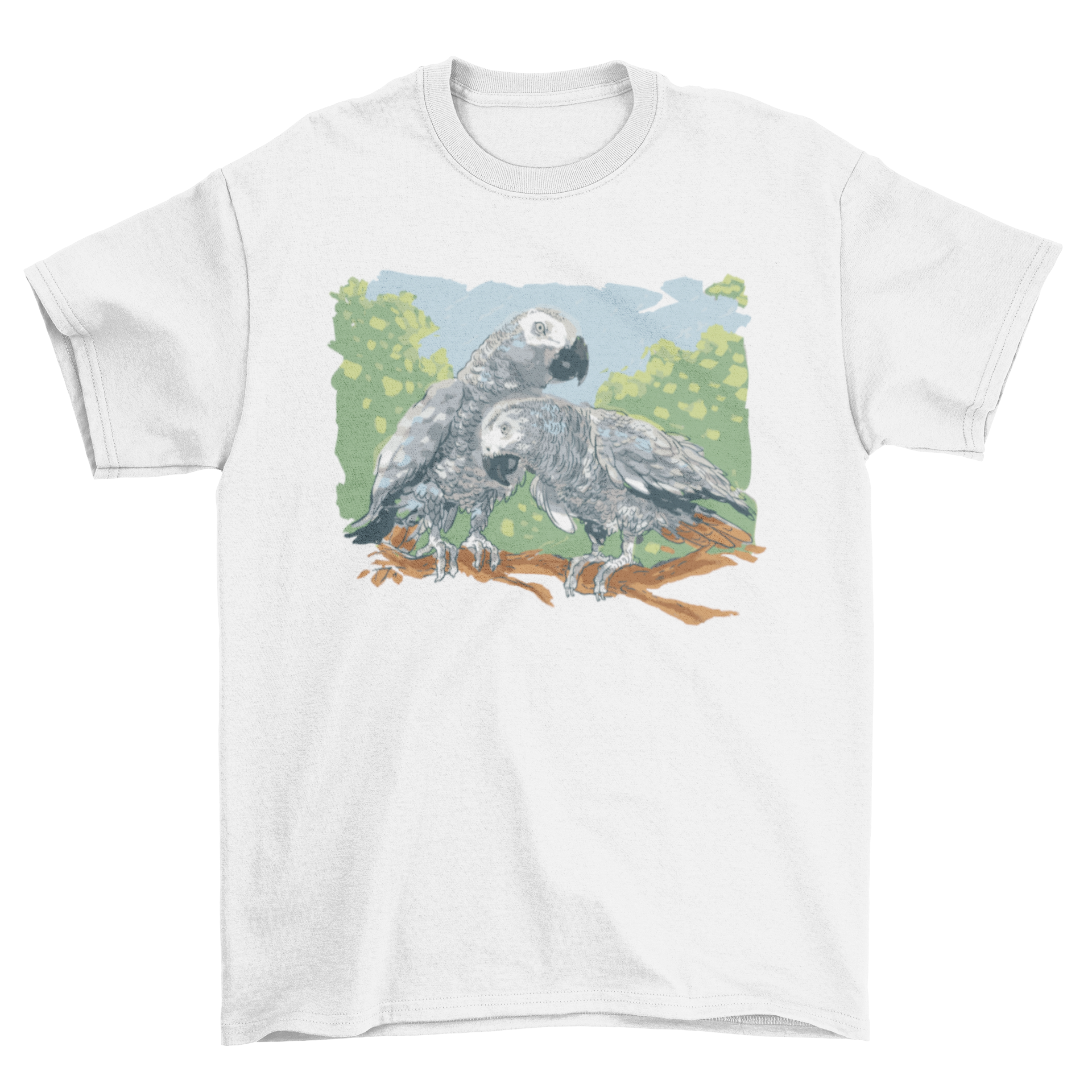 A vibrant t-shirt featuring a beautiful painting of two colorful parrots perched together.