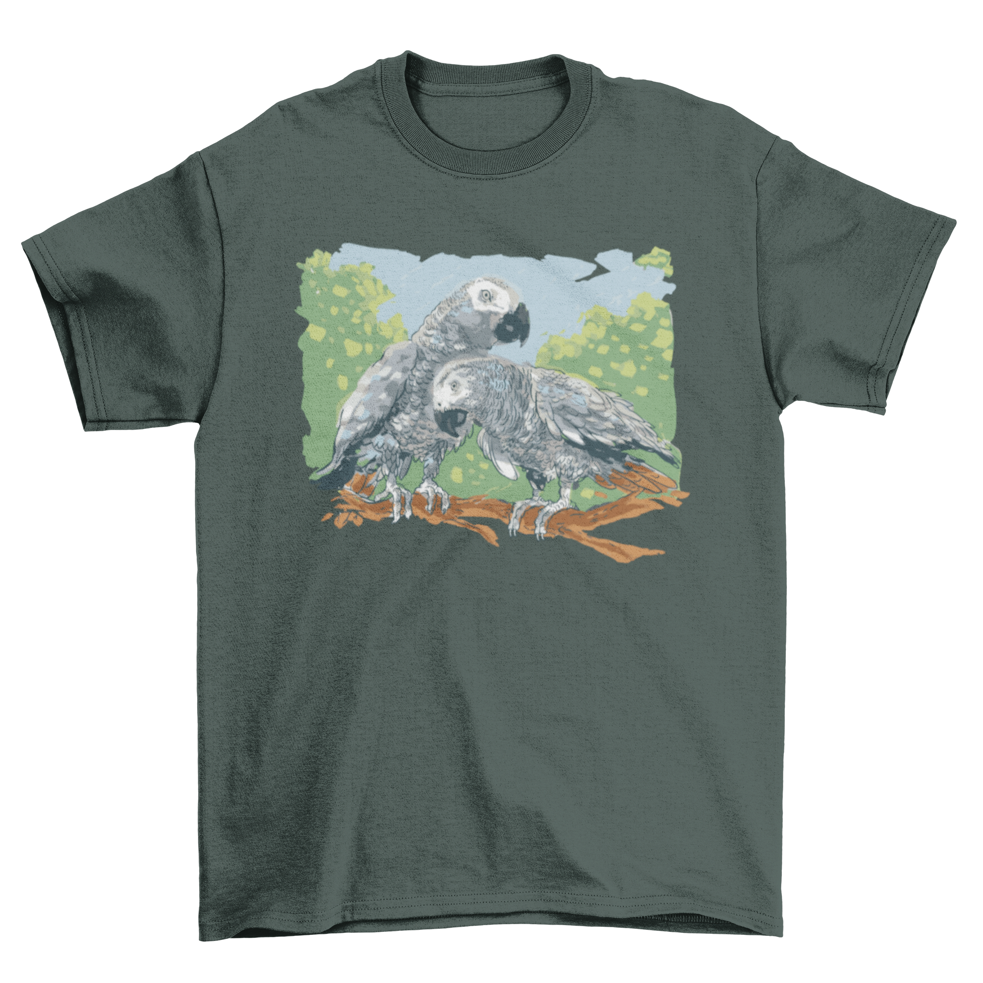 A vibrant t-shirt featuring a beautiful painting of two colorful parrots perched together.