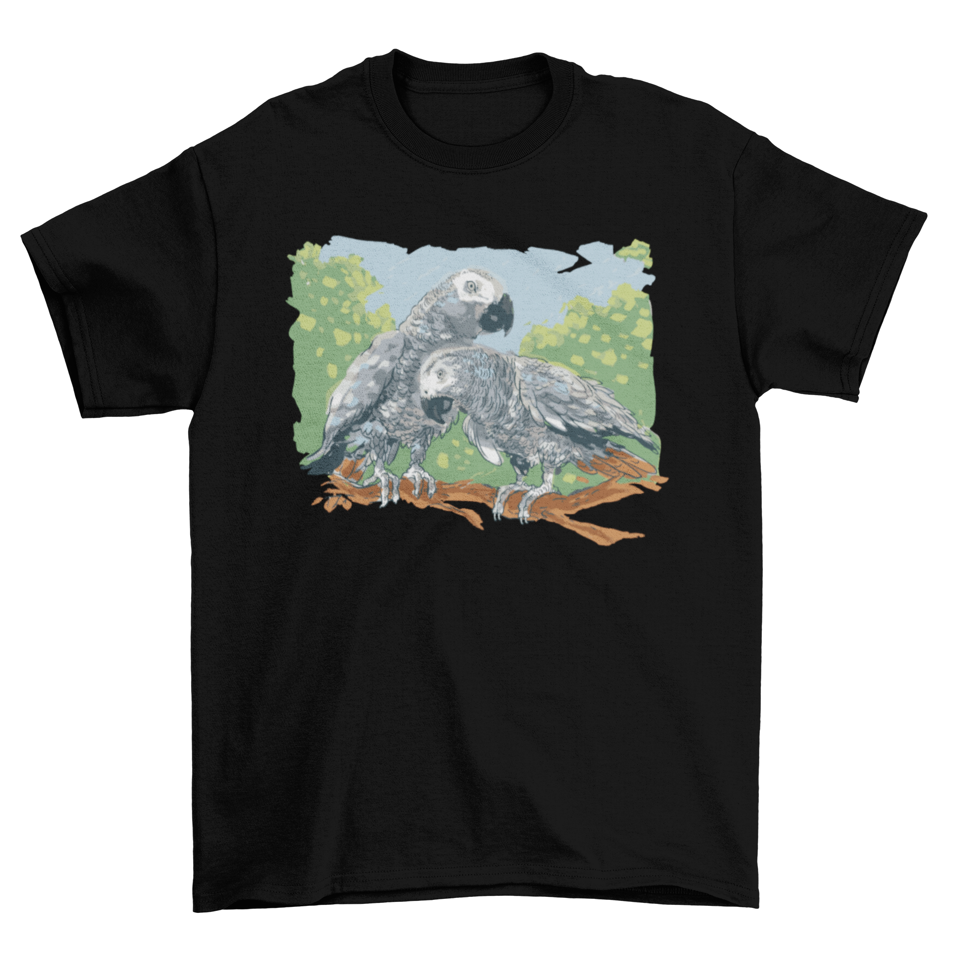 A vibrant t-shirt featuring a beautiful painting of two colorful parrots perched together.