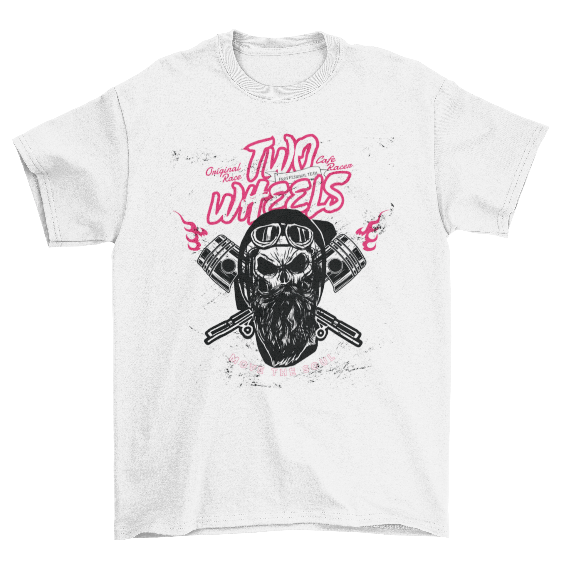 Two Wheels T-shirt featuring a motorbiker skull and lettering 'Two wheels' and 'Move the soul'.