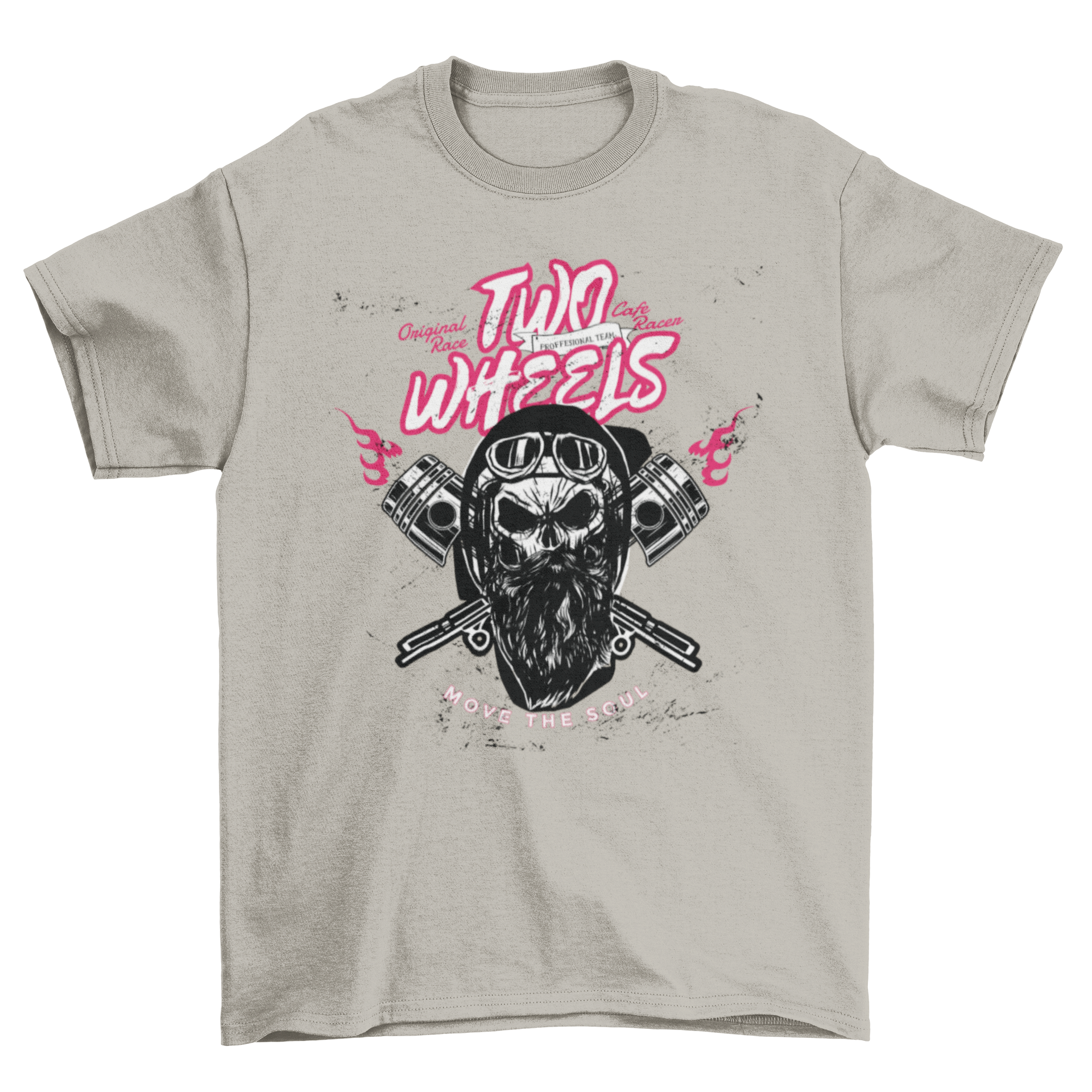 Two Wheels T-shirt featuring a motorbiker skull and lettering 'Two wheels' and 'Move the soul'.