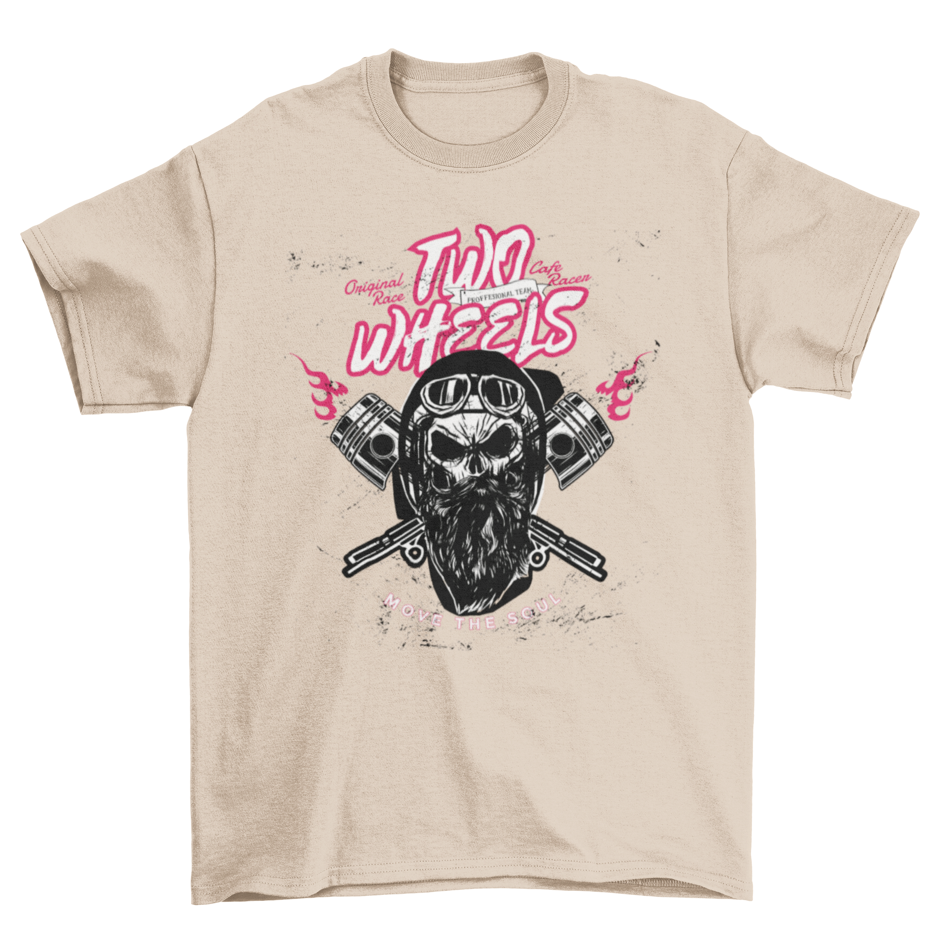 Two Wheels T-shirt featuring a motorbiker skull and lettering 'Two wheels' and 'Move the soul'.