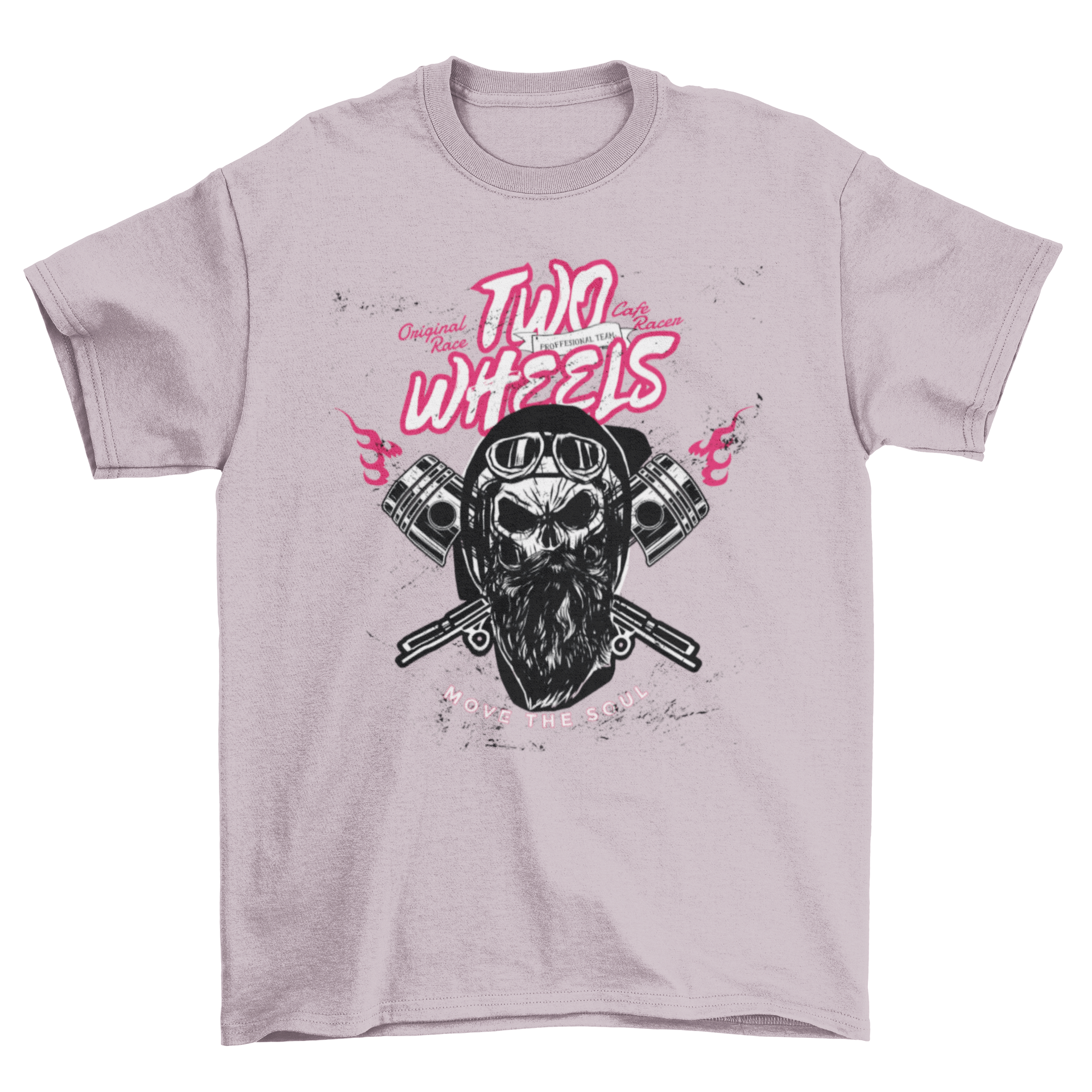 Two Wheels T-shirt featuring a motorbiker skull and lettering 'Two wheels' and 'Move the soul'.