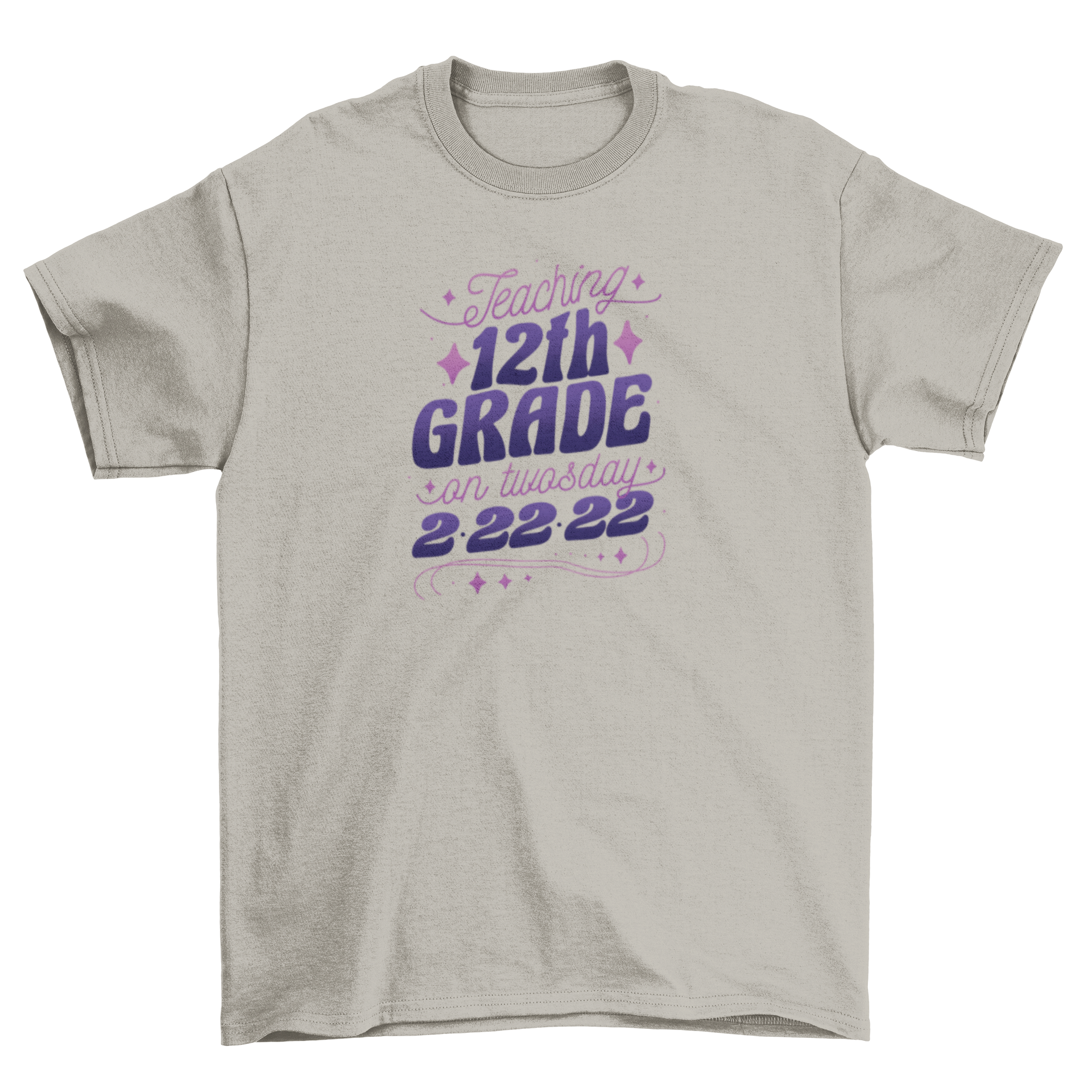 A stylish t-shirt featuring the quote 'Teaching 12th grade on Twosday 2.22.222' in bold lettering, perfect for educators.