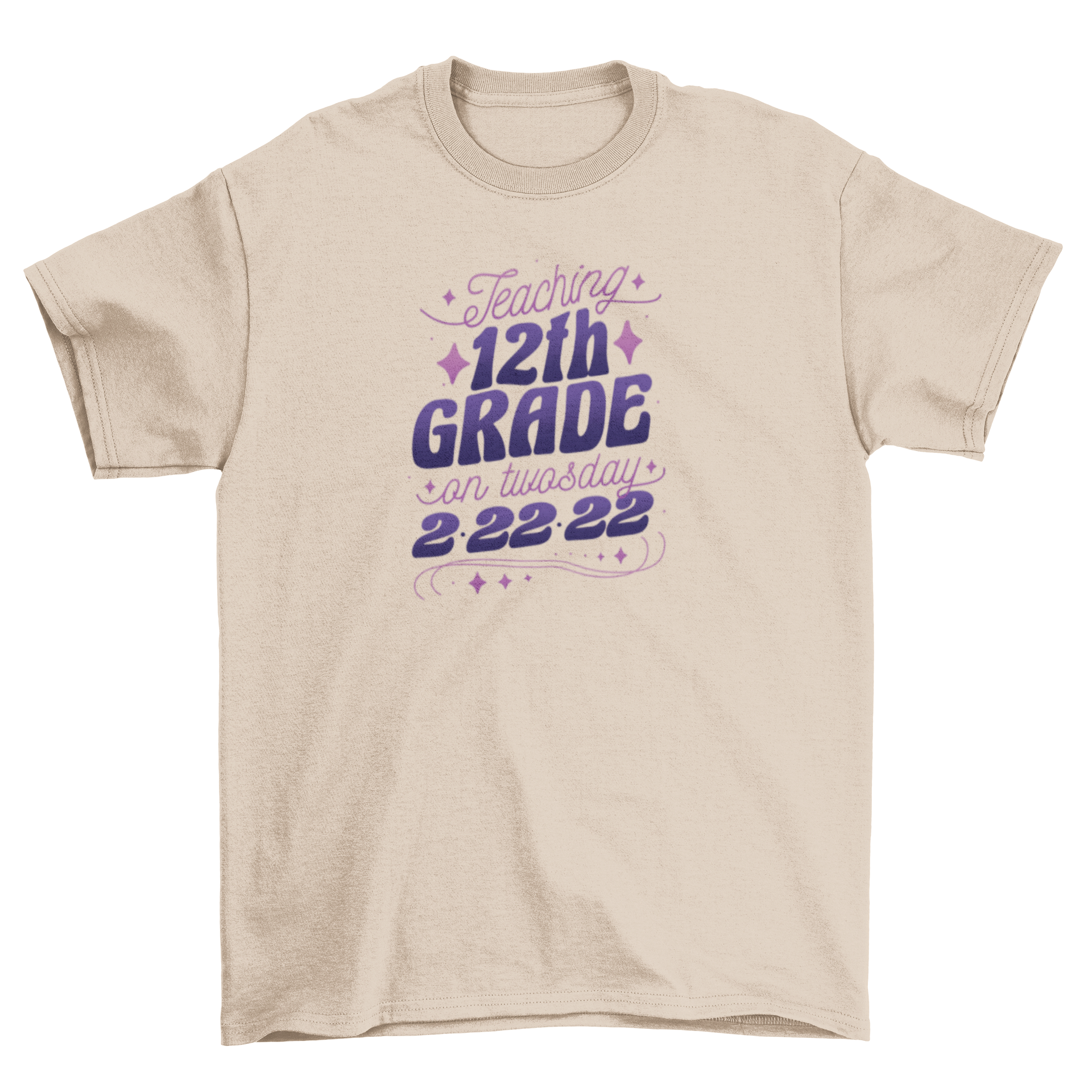 A stylish t-shirt featuring the quote 'Teaching 12th grade on Twosday 2.22.222' in bold lettering, perfect for educators.