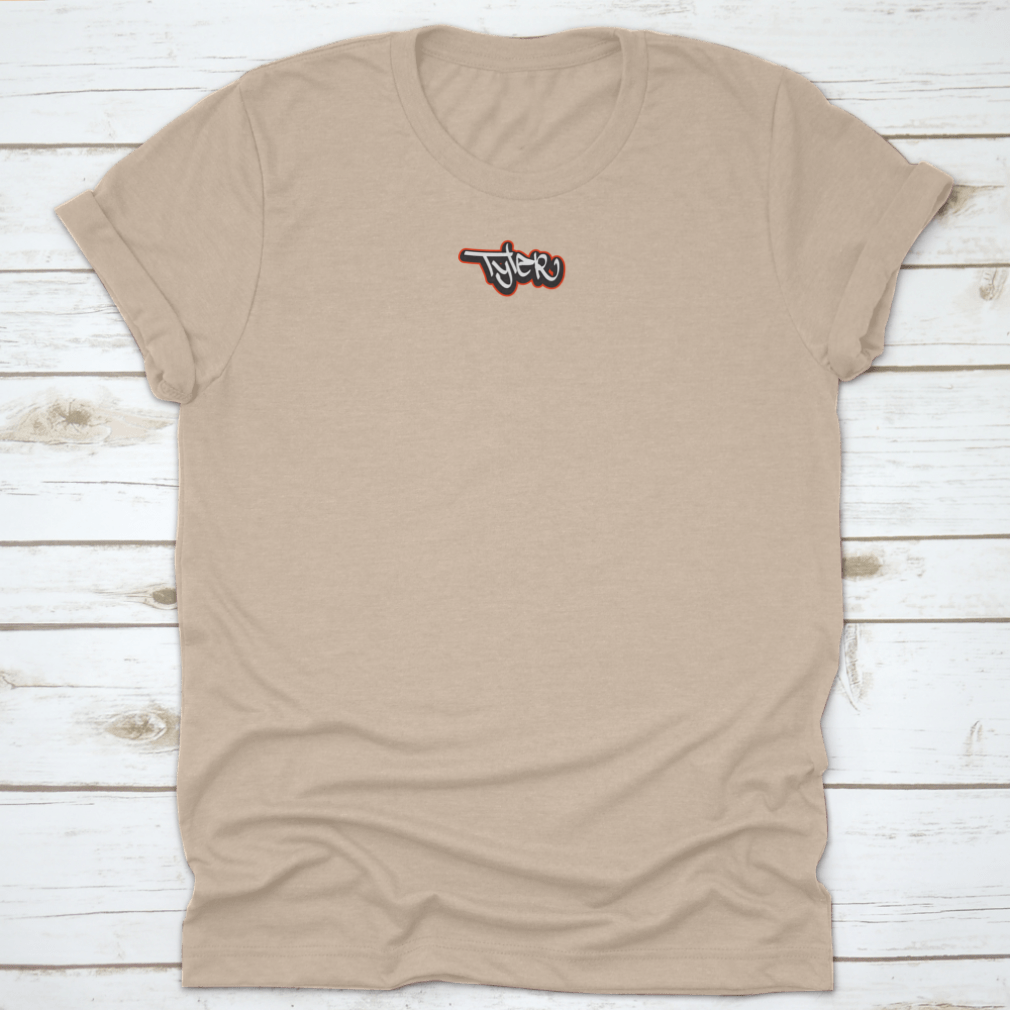 Beige t-shirt with graffiti logo.