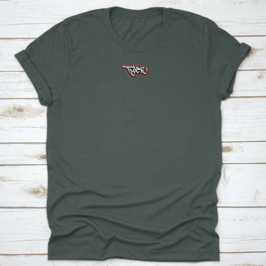 Dark gray t-shirt with logo.