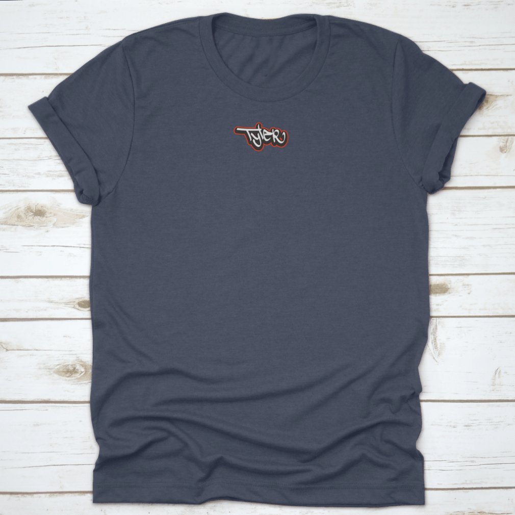 Navy blue T-shirt with text.