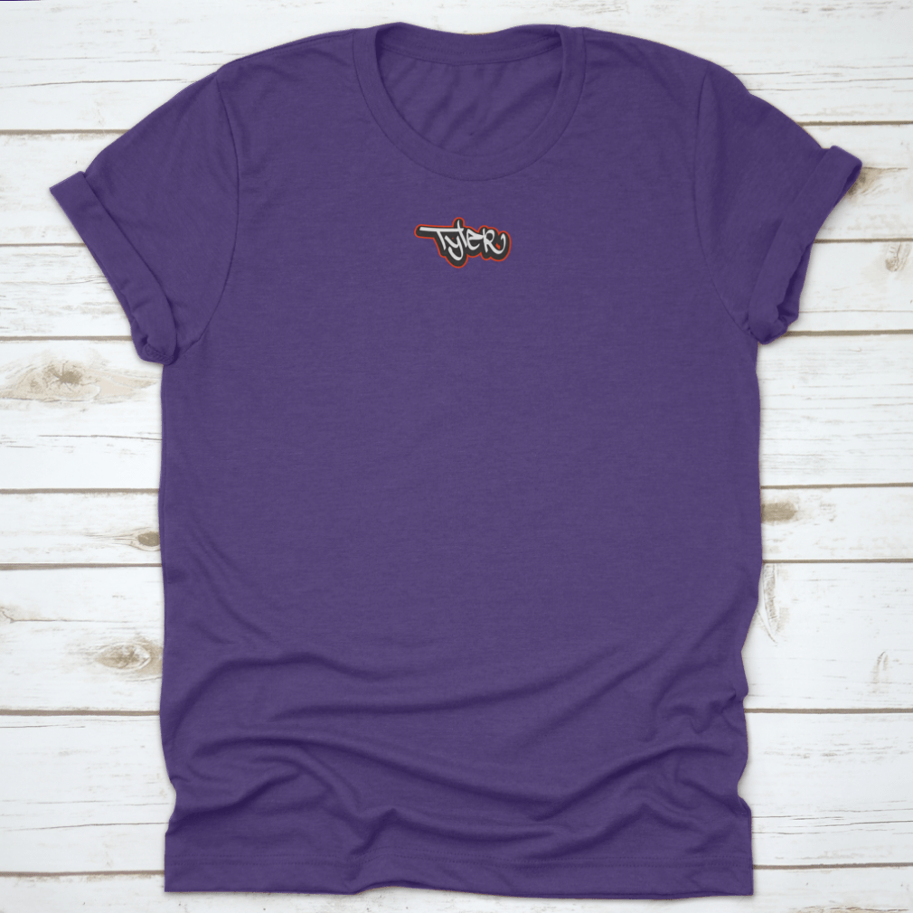 Purple t-shirt with graffiti text.