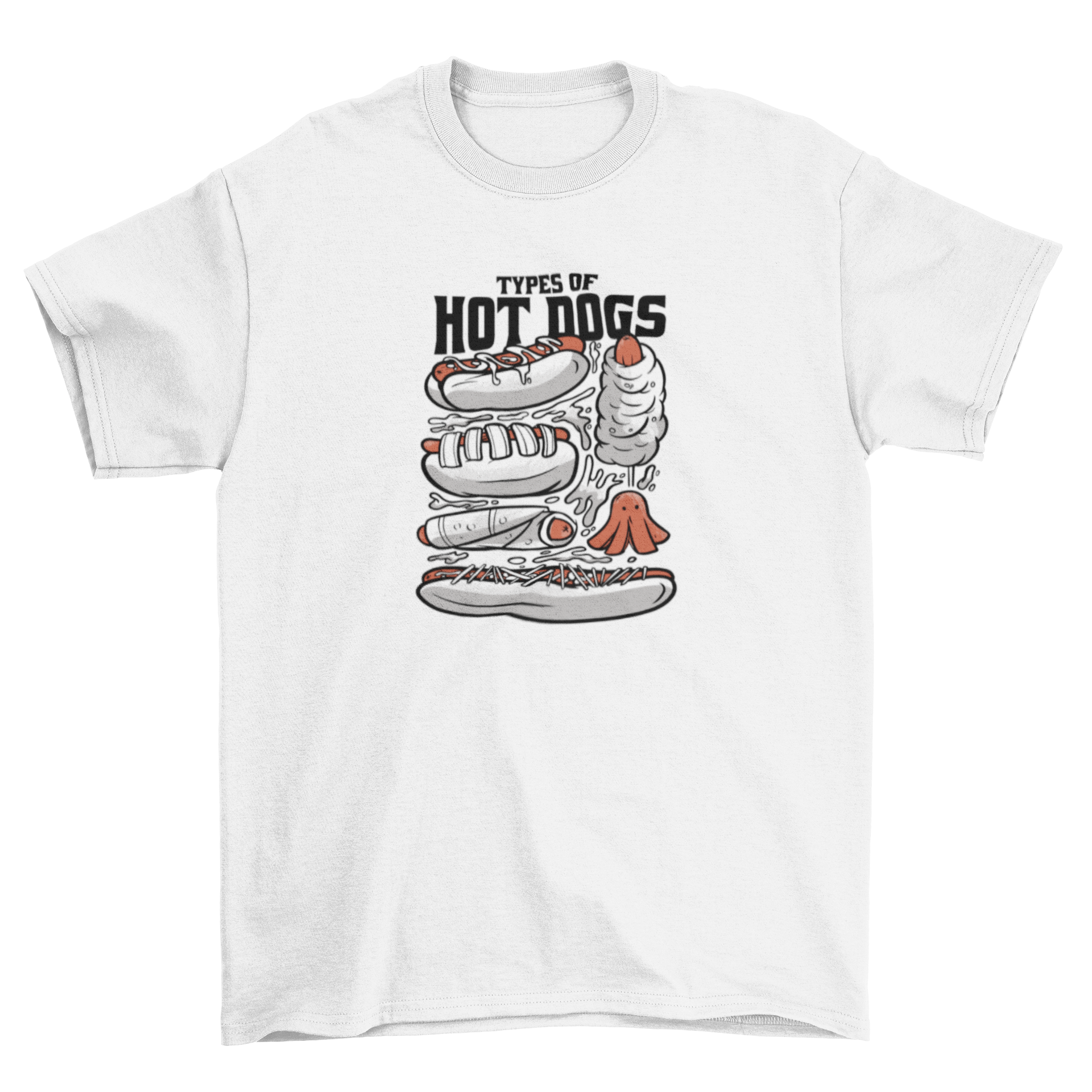 A stylish t-shirt featuring various illustrated types of hot dogs in vibrant colors.