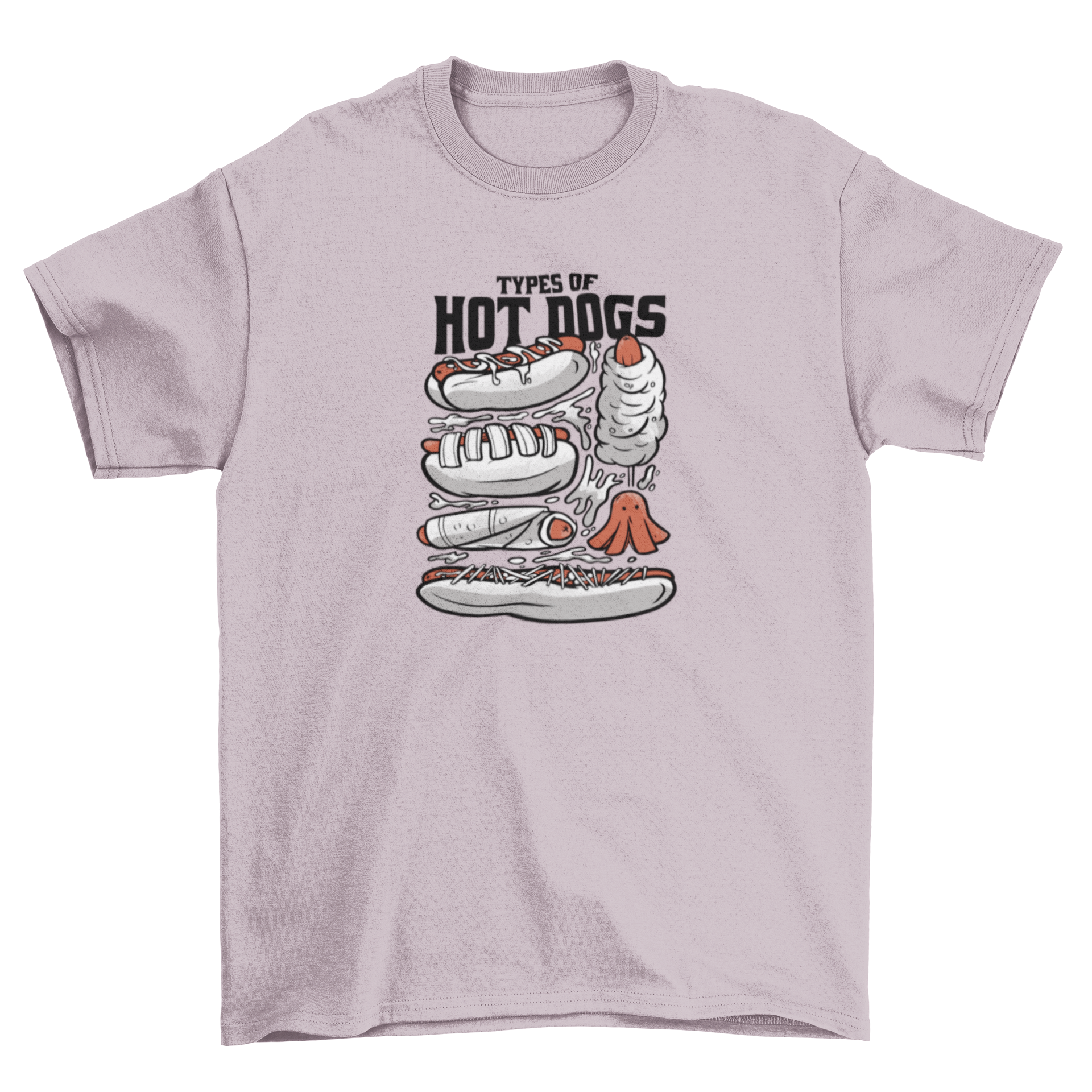 A stylish t-shirt featuring various illustrated types of hot dogs in vibrant colors.