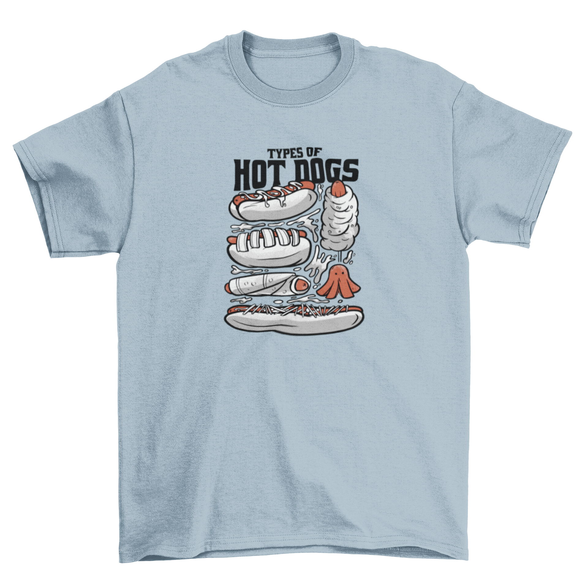 A stylish t-shirt featuring various illustrated types of hot dogs in vibrant colors.