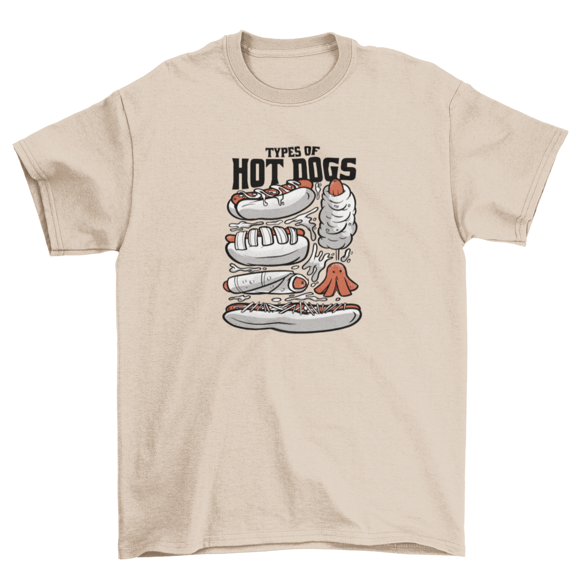 A stylish t-shirt featuring various illustrated types of hot dogs in vibrant colors.