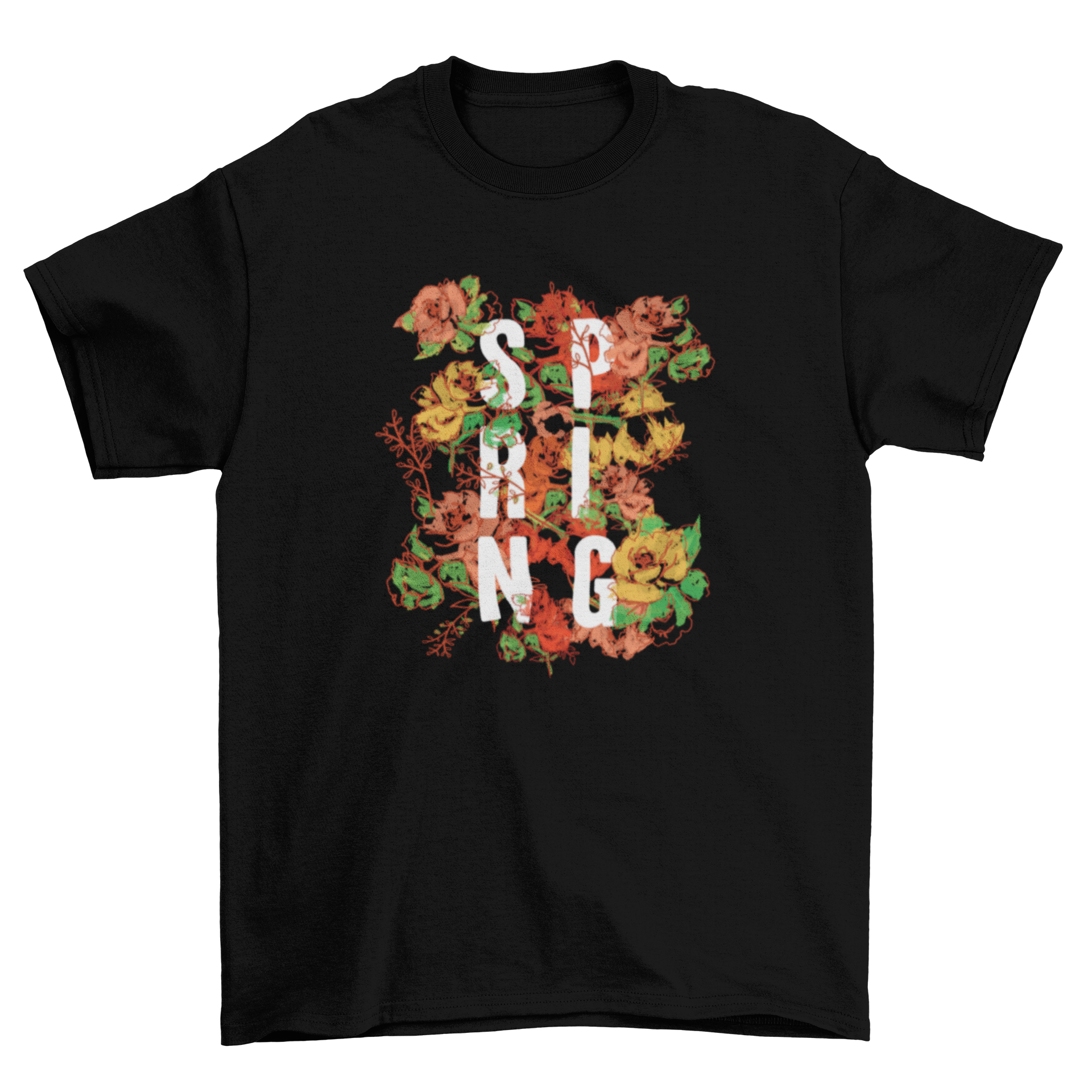 Stylish typographic spring sign t-shirt featuring hand-drawn flowers in vibrant colors.