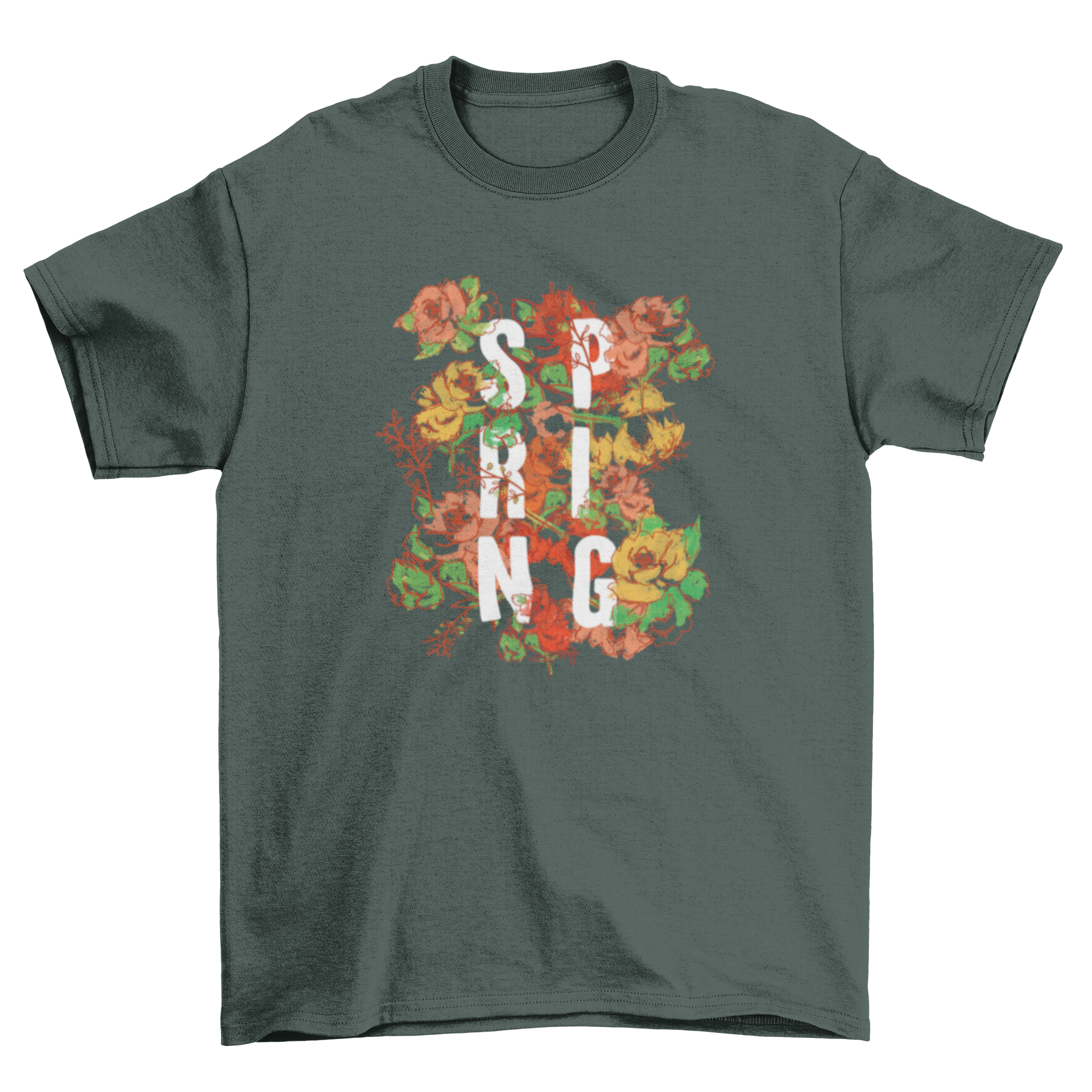 Stylish typographic spring sign t-shirt featuring hand-drawn flowers in vibrant colors.