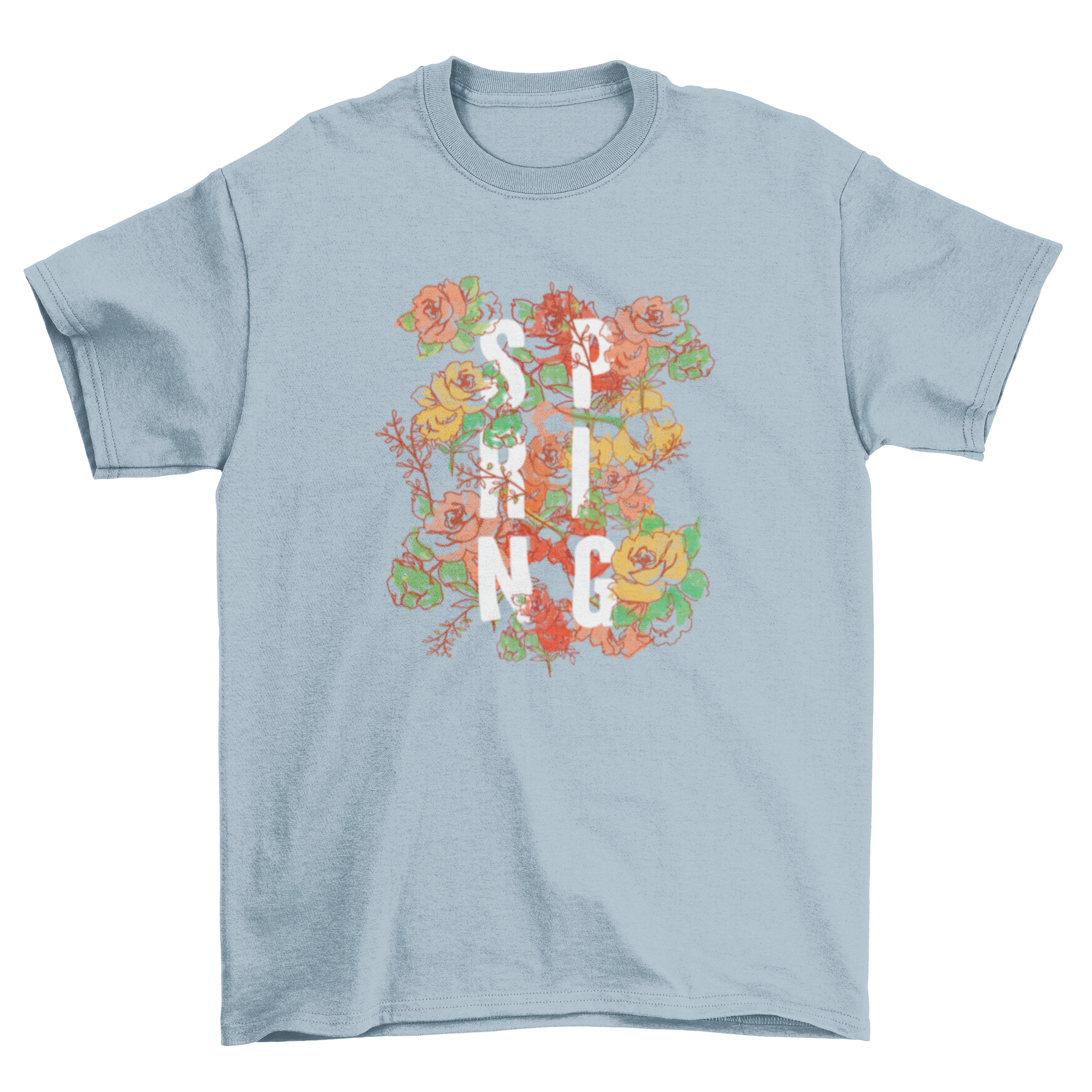 Stylish typographic spring sign t-shirt featuring hand-drawn flowers in vibrant colors.