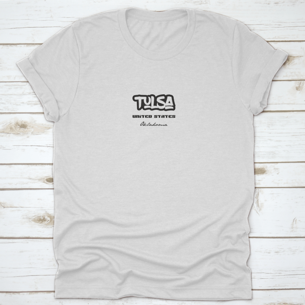 Stylish t-shirt featuring Typography Design of Tulsa, Oklahoma, showcasing vibrant colors and quality fabric.