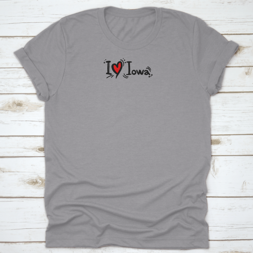 A stylish 'I Love Iowa' typography shirt featuring a heart element, made from 100% cotton, showcasing a classic fit and midweight fabric.