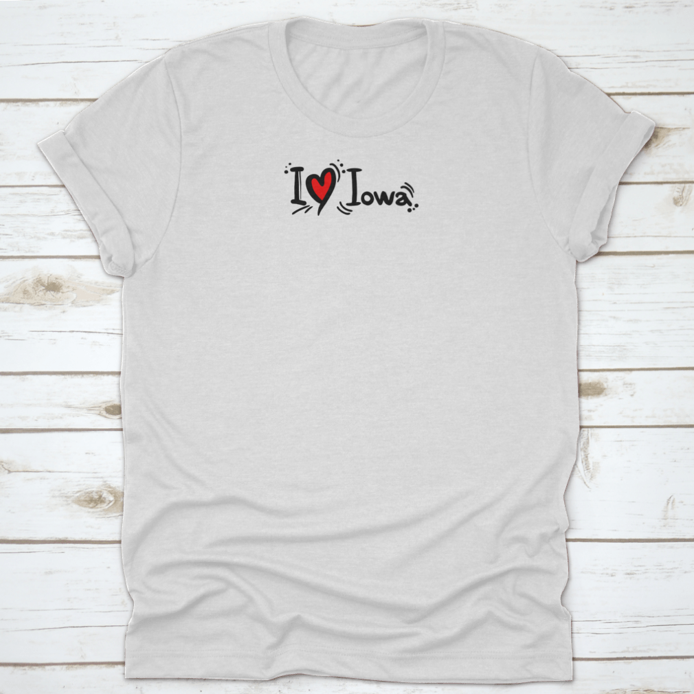 A stylish 'I Love Iowa' typography shirt featuring a heart element, made from 100% cotton, showcasing a classic fit and midweight fabric.