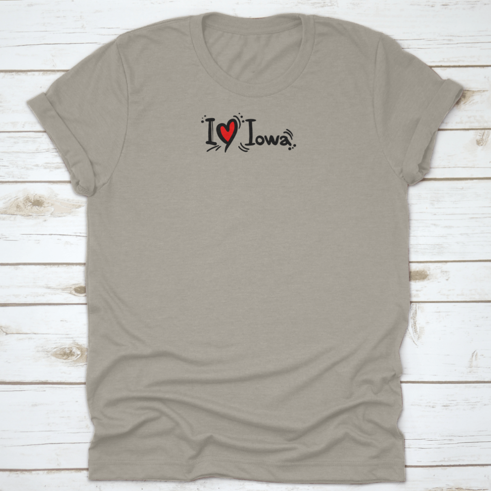 A stylish 'I Love Iowa' typography shirt featuring a heart element, made from 100% cotton, showcasing a classic fit and midweight fabric.