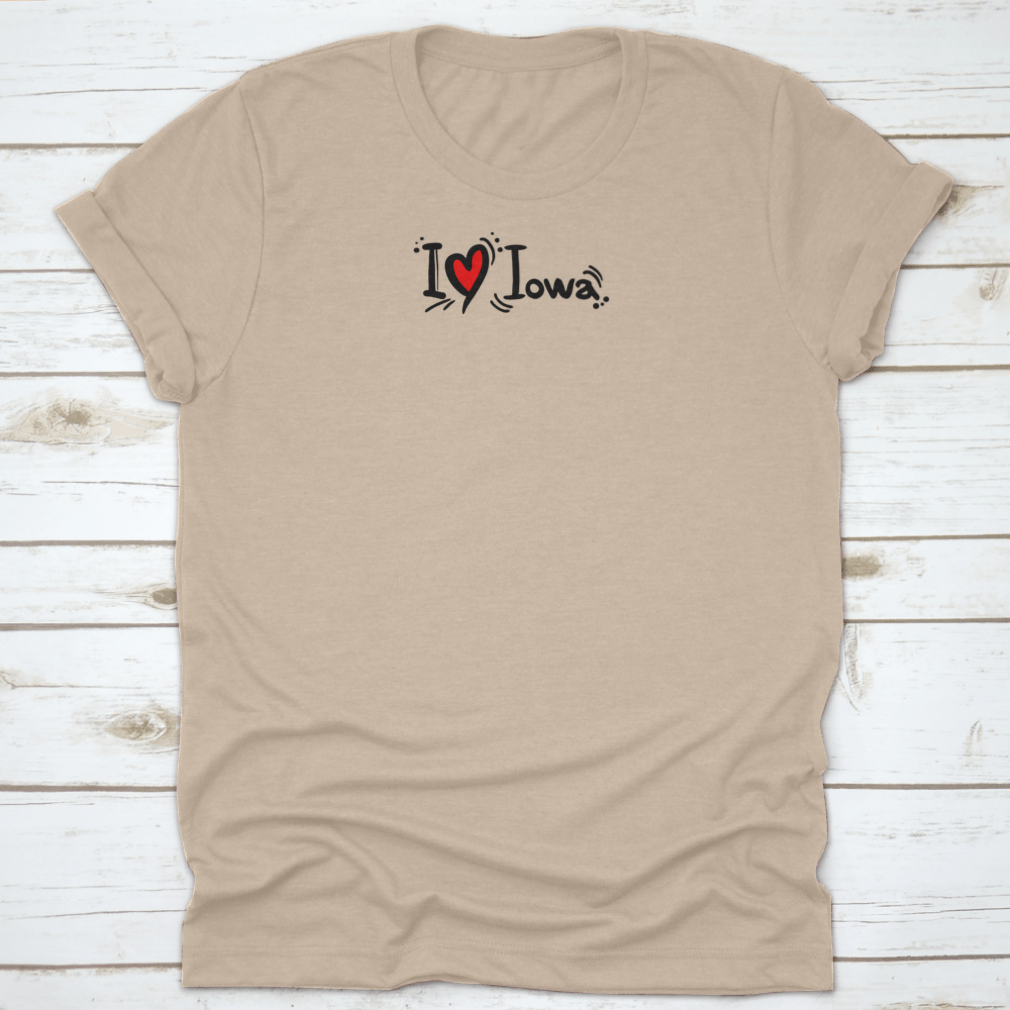 A stylish 'I Love Iowa' typography shirt featuring a heart element, made from 100% cotton, showcasing a classic fit and midweight fabric.