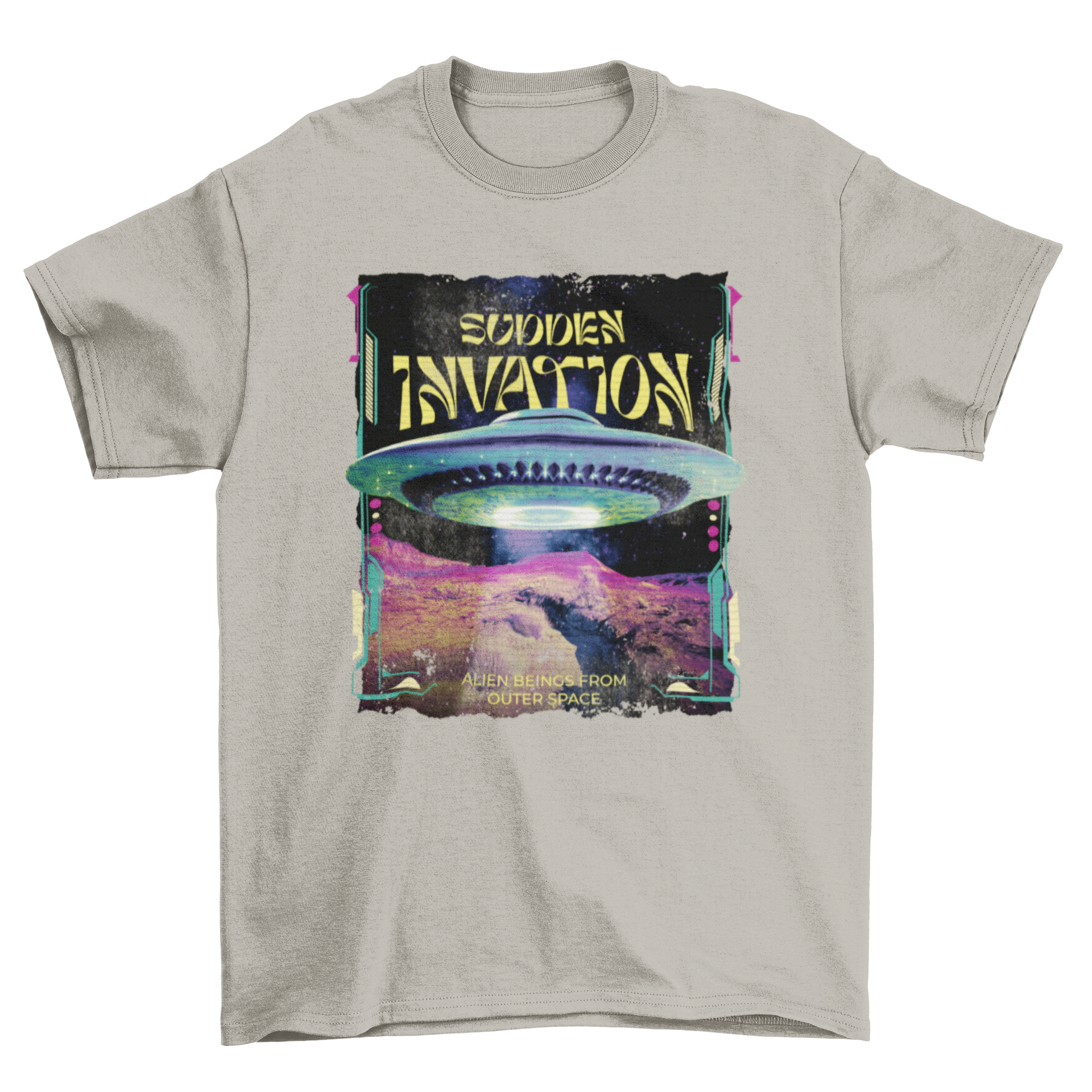 A stylish t-shirt featuring a UFO spaceship landing with the quote 'Sudden invasion!' in bold letters.