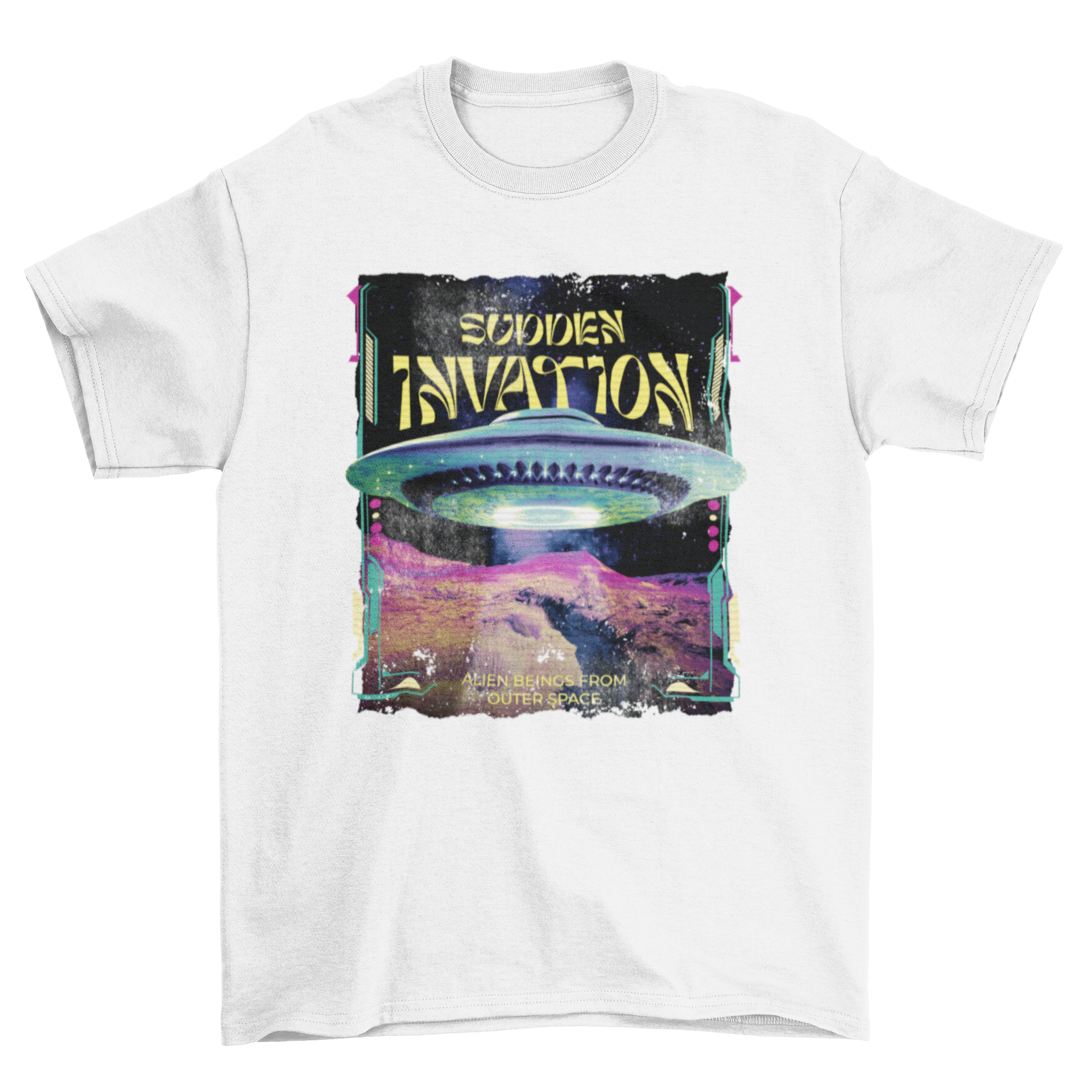 A stylish t-shirt featuring a UFO spaceship landing with the quote 'Sudden invasion!' in bold letters.