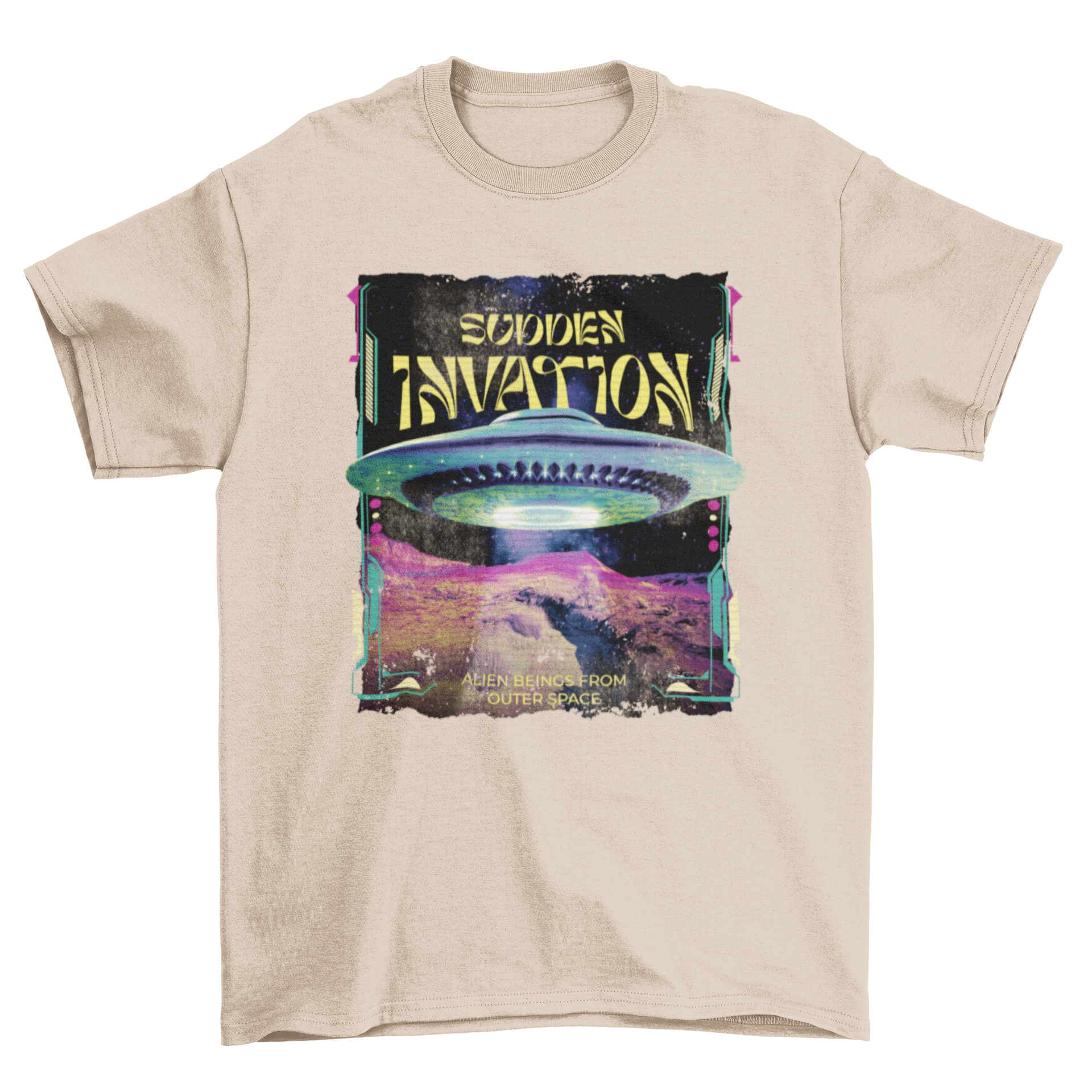 A stylish t-shirt featuring a UFO spaceship landing with the quote 'Sudden invasion!' in bold letters.