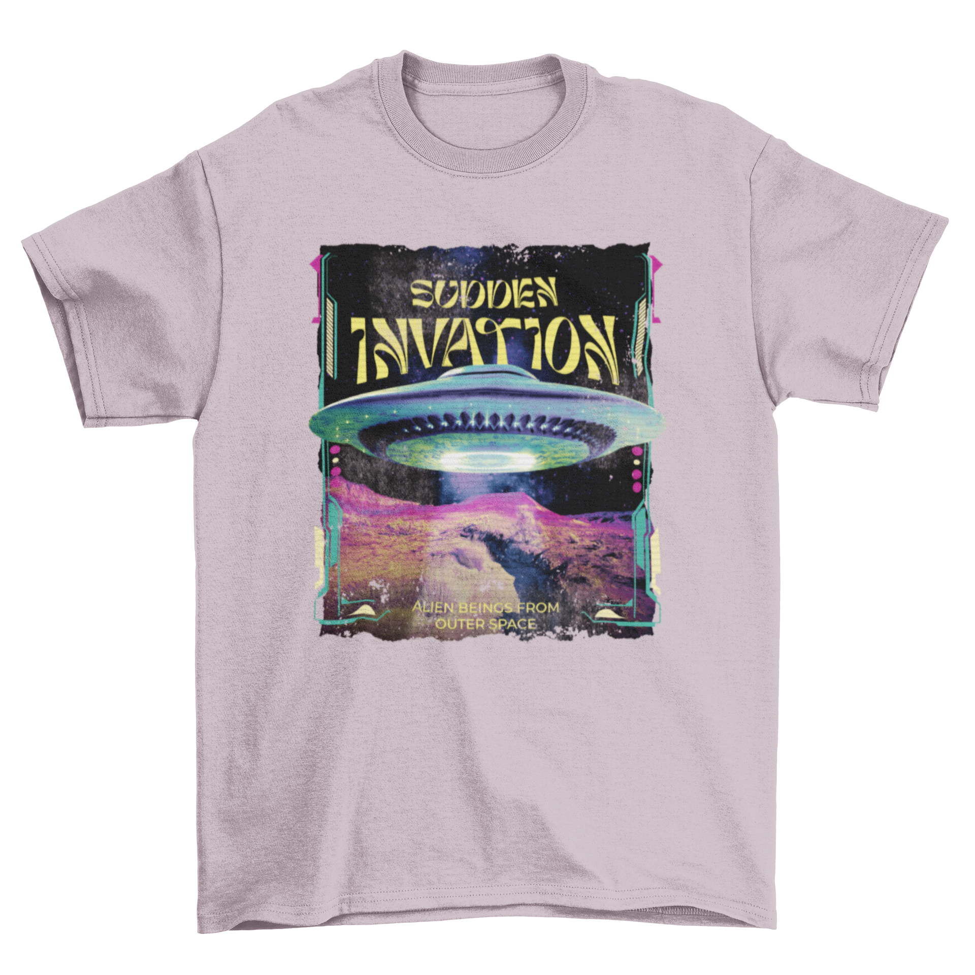 A stylish t-shirt featuring a UFO spaceship landing with the quote 'Sudden invasion!' in bold letters.