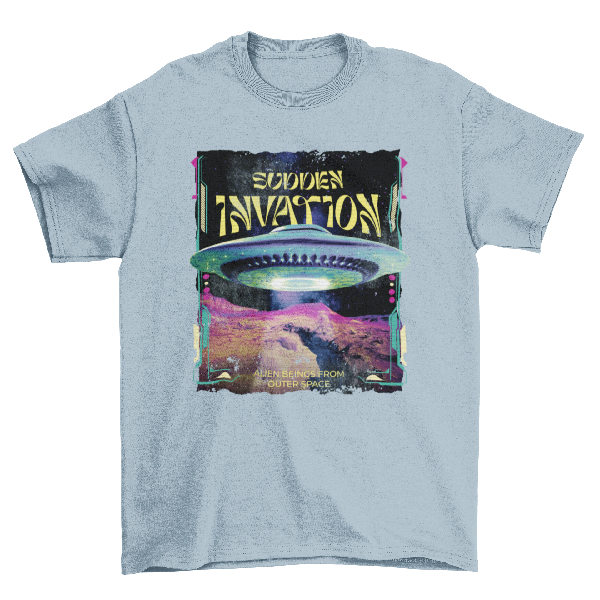 A stylish t-shirt featuring a UFO spaceship landing with the quote 'Sudden invasion!' in bold letters.