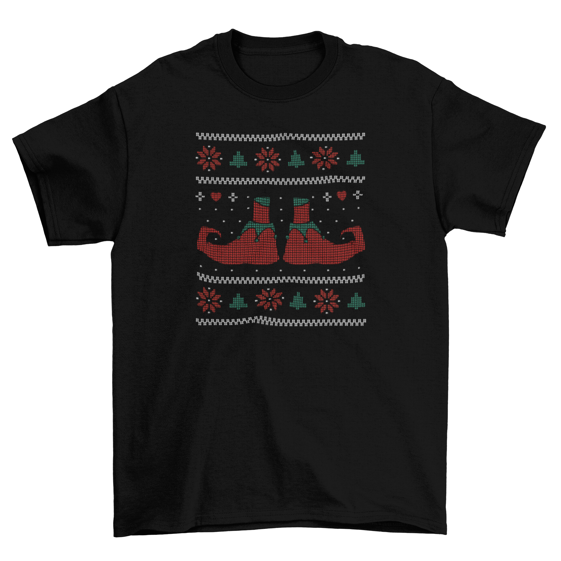 Ugly sweater Christmas elf t-shirt featuring elf shoes and festive elements, perfect for holiday celebrations.