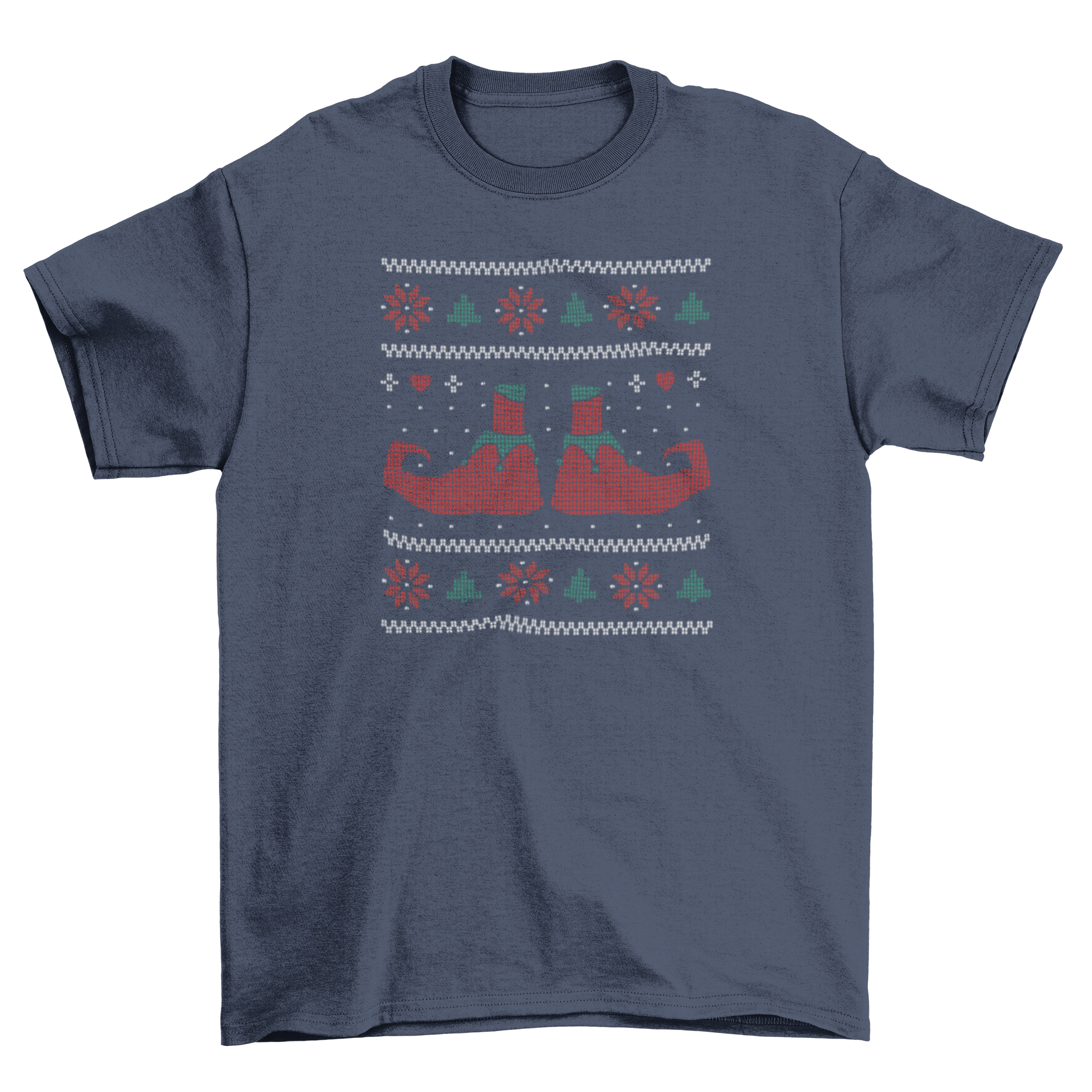 Ugly sweater Christmas elf t-shirt featuring elf shoes and festive elements, perfect for holiday celebrations.