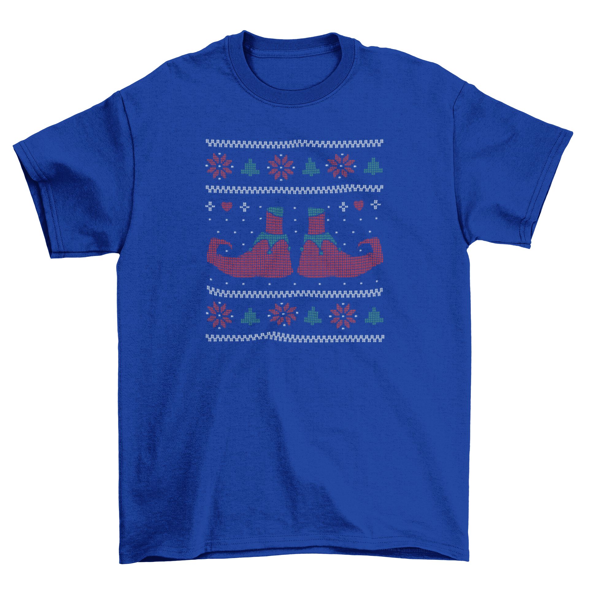 Ugly sweater Christmas elf t-shirt featuring elf shoes and festive elements, perfect for holiday celebrations.