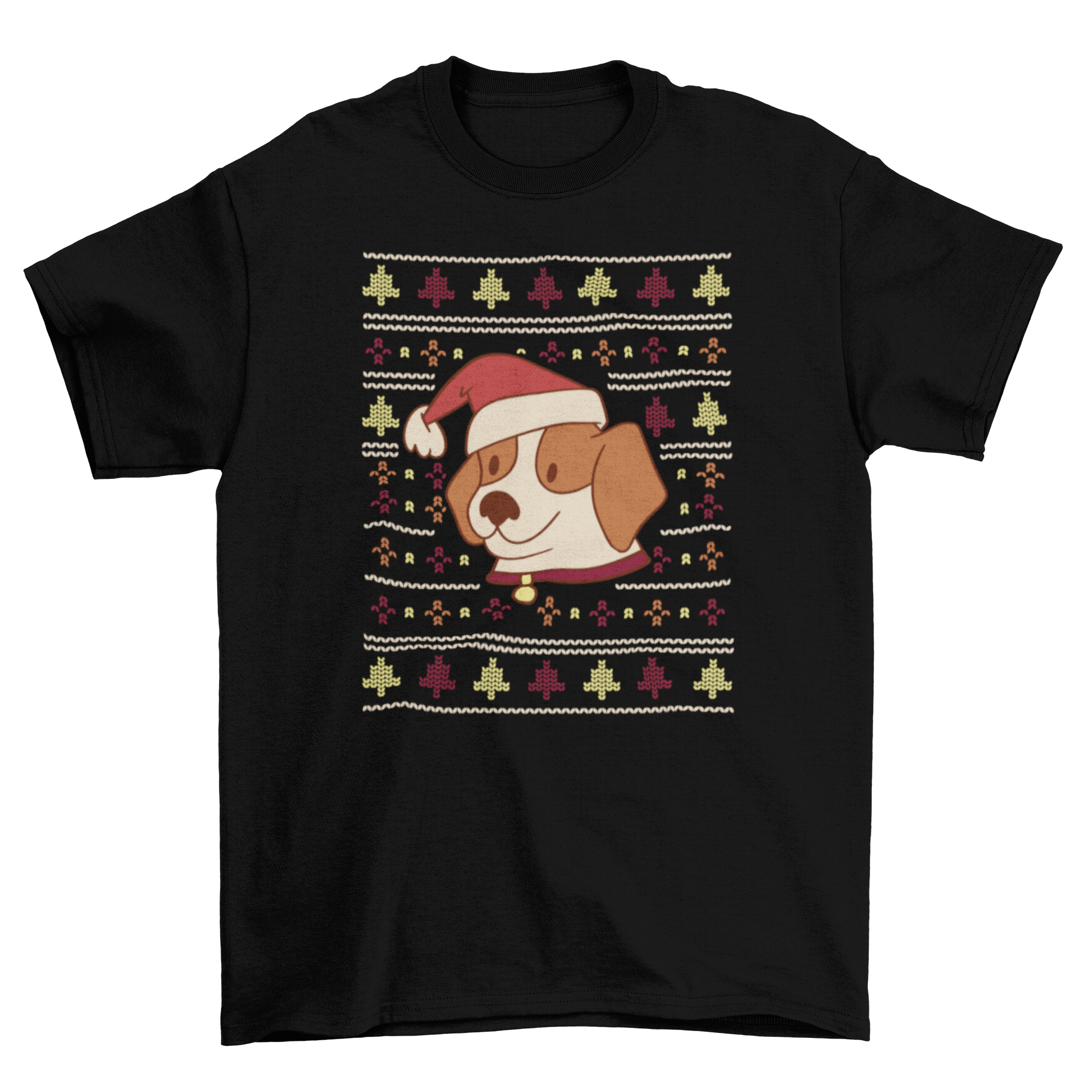 Ugly sweater Christmas t-shirt design featuring a cute dog wearing a festive hat, perfect for holiday celebrations.