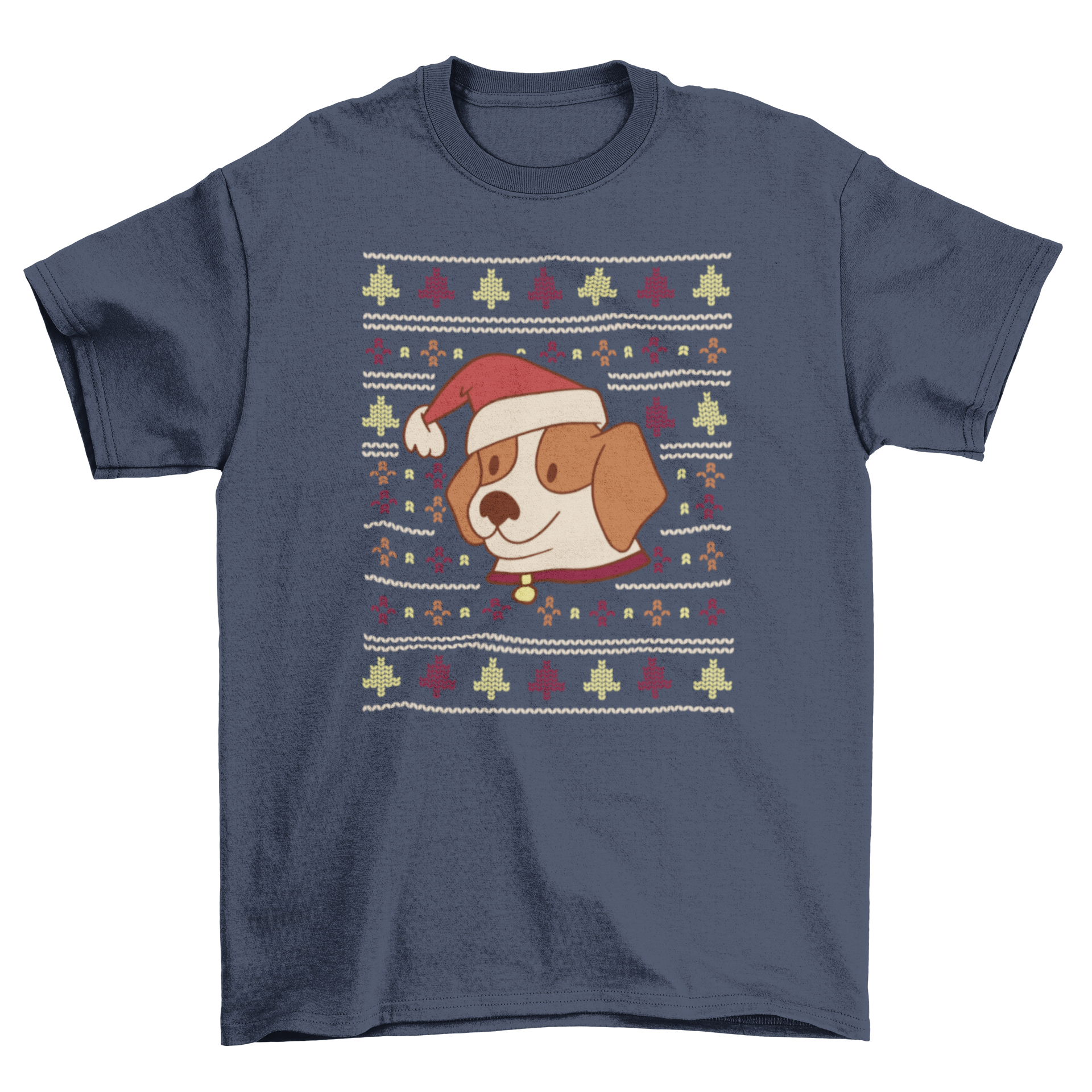 Ugly sweater Christmas t-shirt design featuring a cute dog wearing a festive hat, perfect for holiday celebrations.