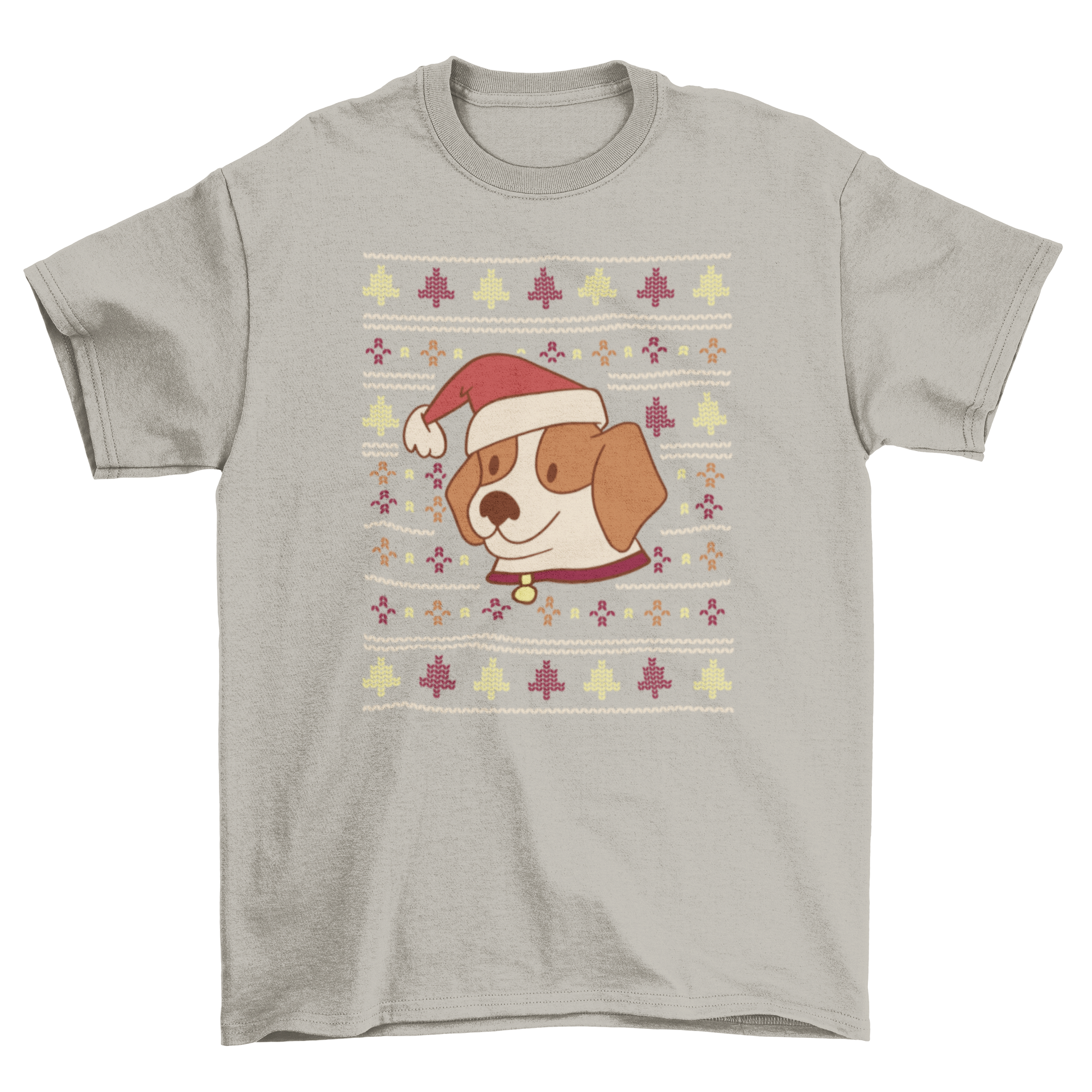 Ugly sweater Christmas t-shirt design featuring a cute dog wearing a festive hat, perfect for holiday celebrations.