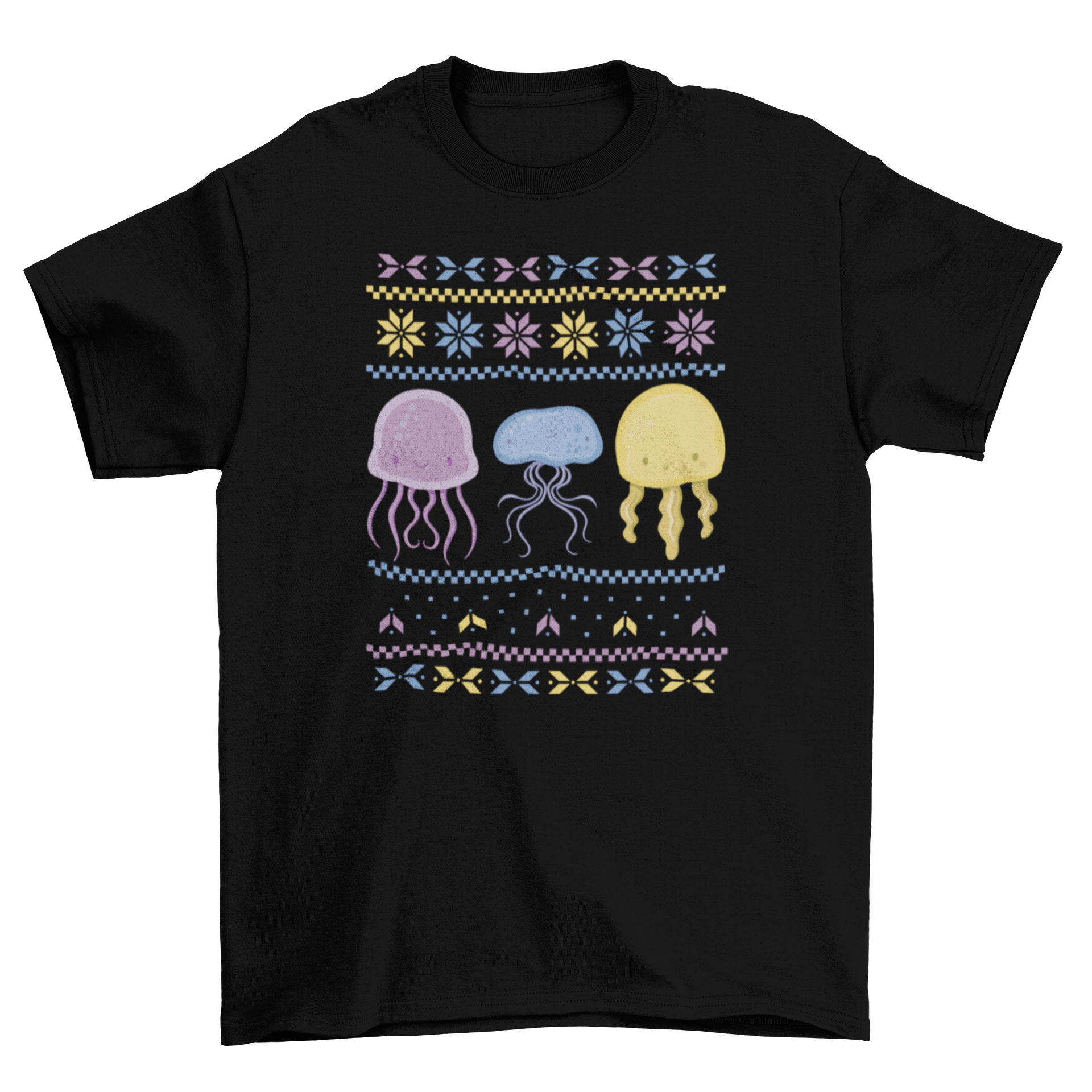 A colorful t-shirt featuring a playful jellyfish design, perfect for holiday parties.