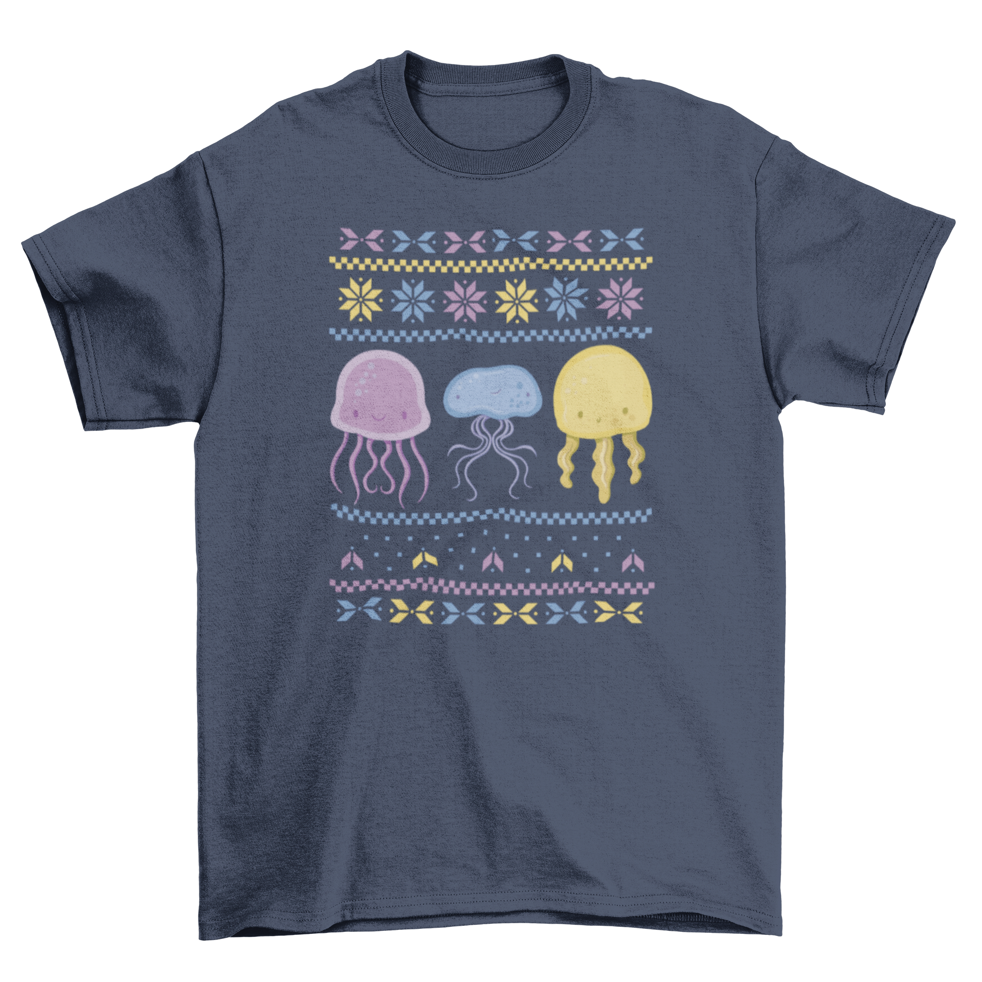 A colorful t-shirt featuring a playful jellyfish design, perfect for holiday parties.