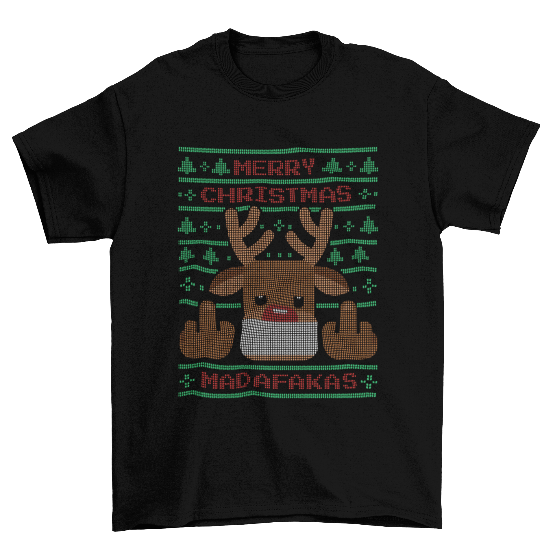 Ugly sweater reindeer t-shirt featuring a reindeer in a face mask giving the middle finger with a humorous Christmas quote.