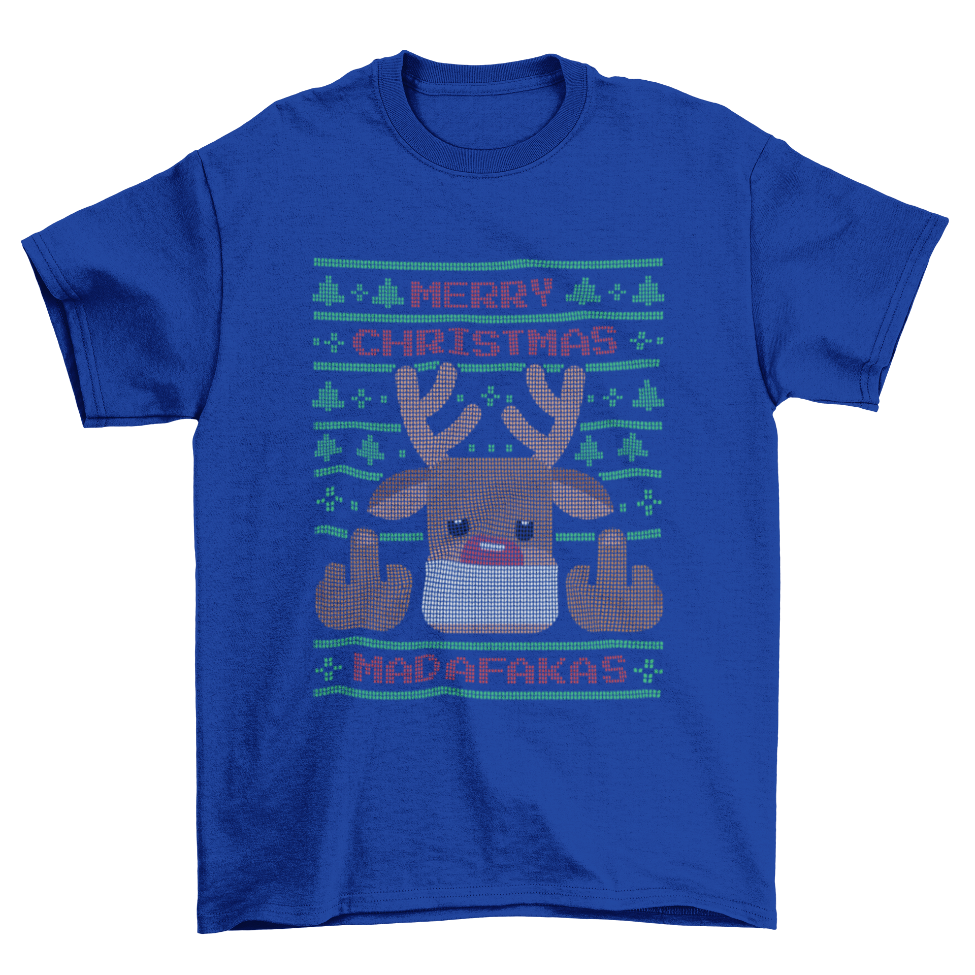 Ugly sweater reindeer t-shirt featuring a reindeer in a face mask giving the middle finger with a humorous Christmas quote.