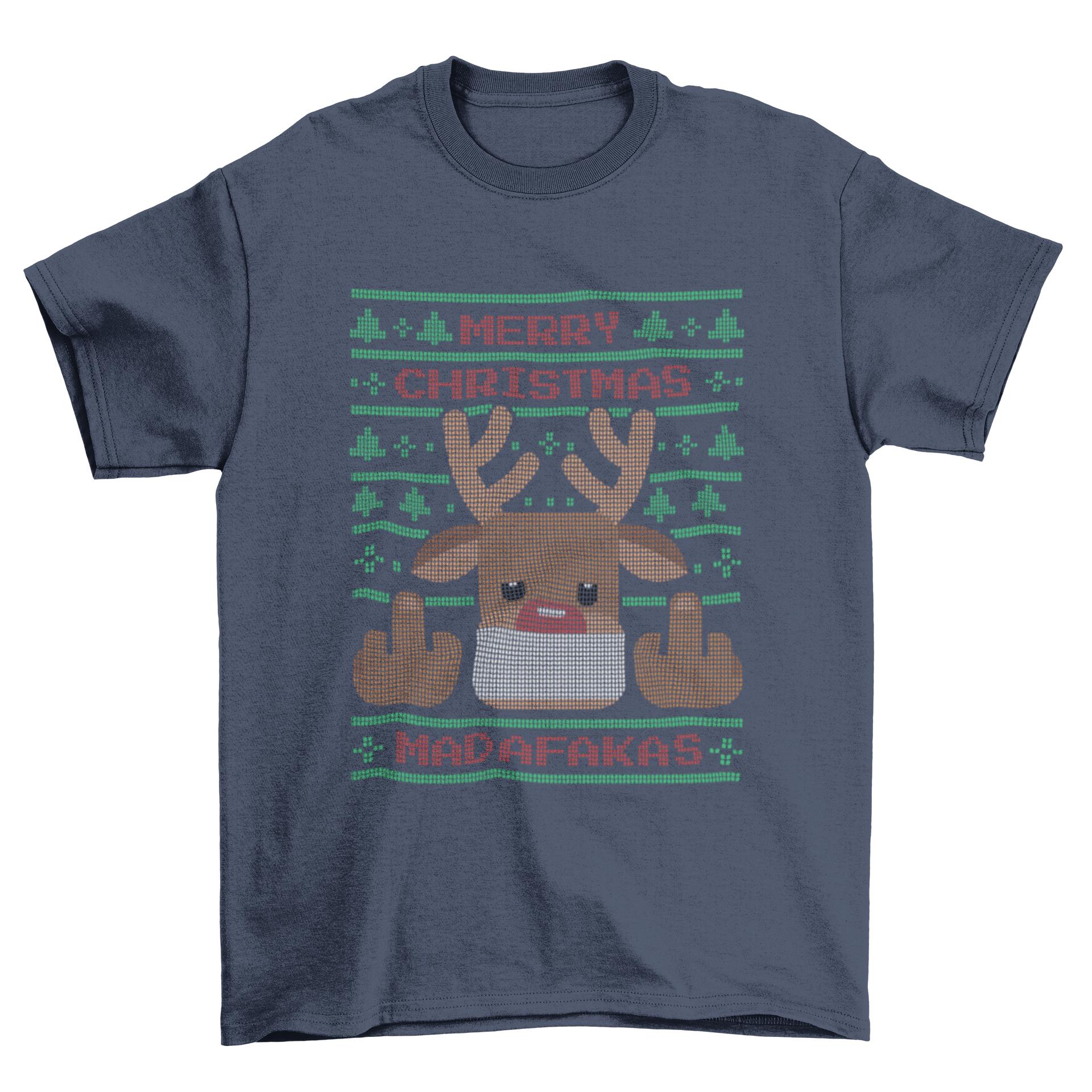 Ugly sweater reindeer t-shirt featuring a reindeer in a face mask giving the middle finger with a humorous Christmas quote.