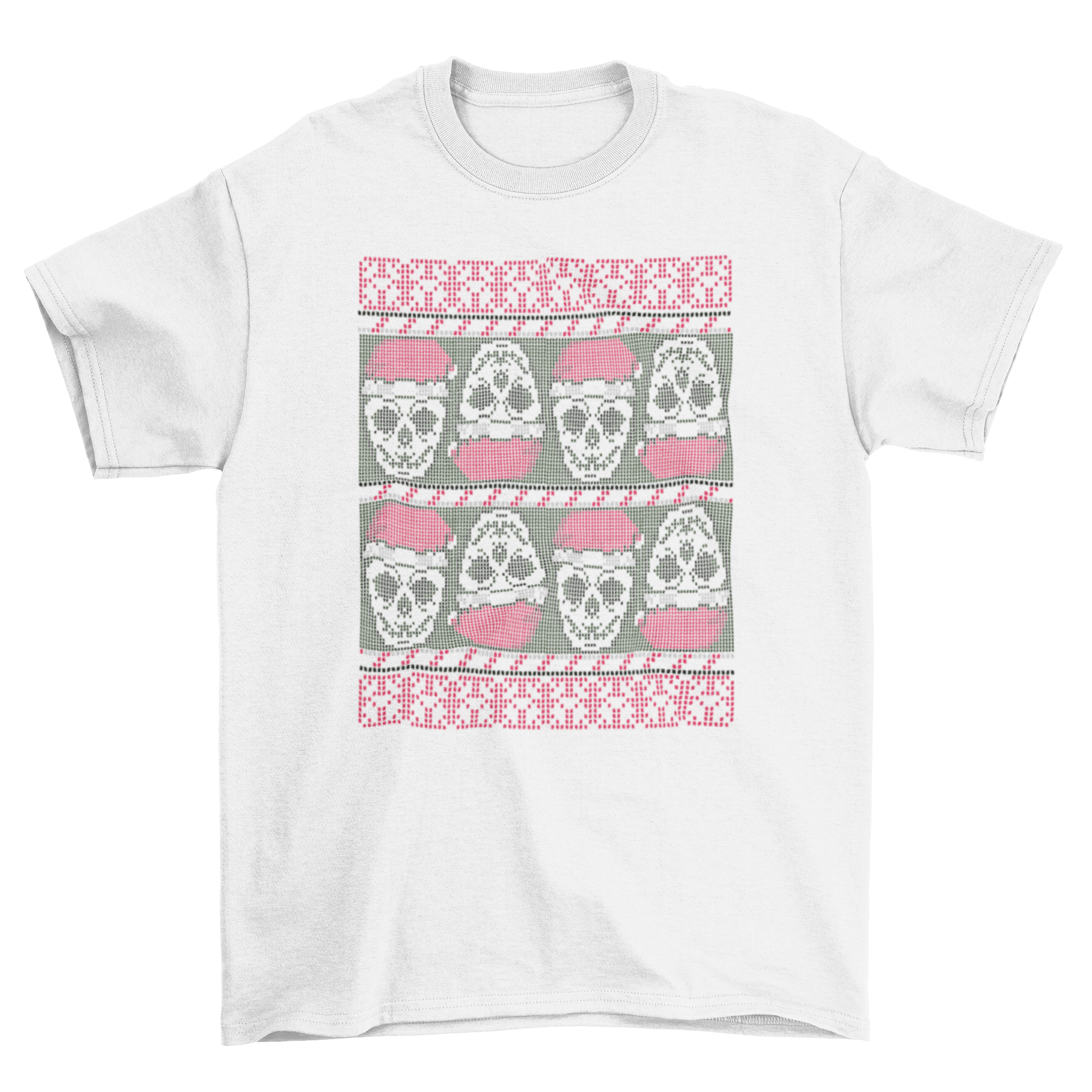 Ugly sweater skulls t-shirt featuring skulls in Santa hats, perfect for Christmas celebrations.