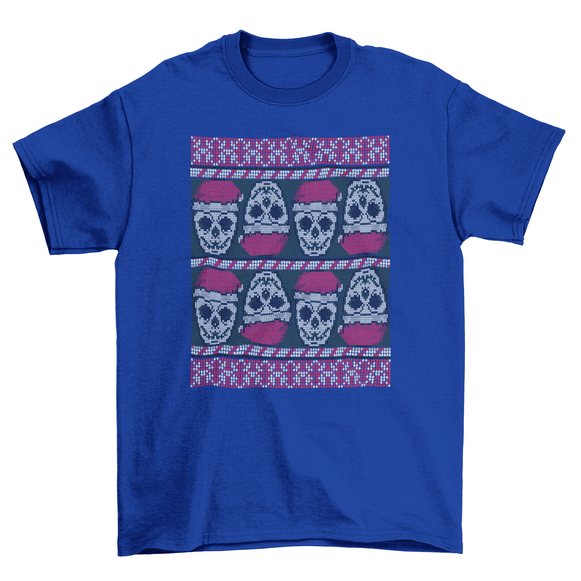 Ugly sweater skulls t-shirt featuring skulls in Santa hats, perfect for Christmas celebrations.