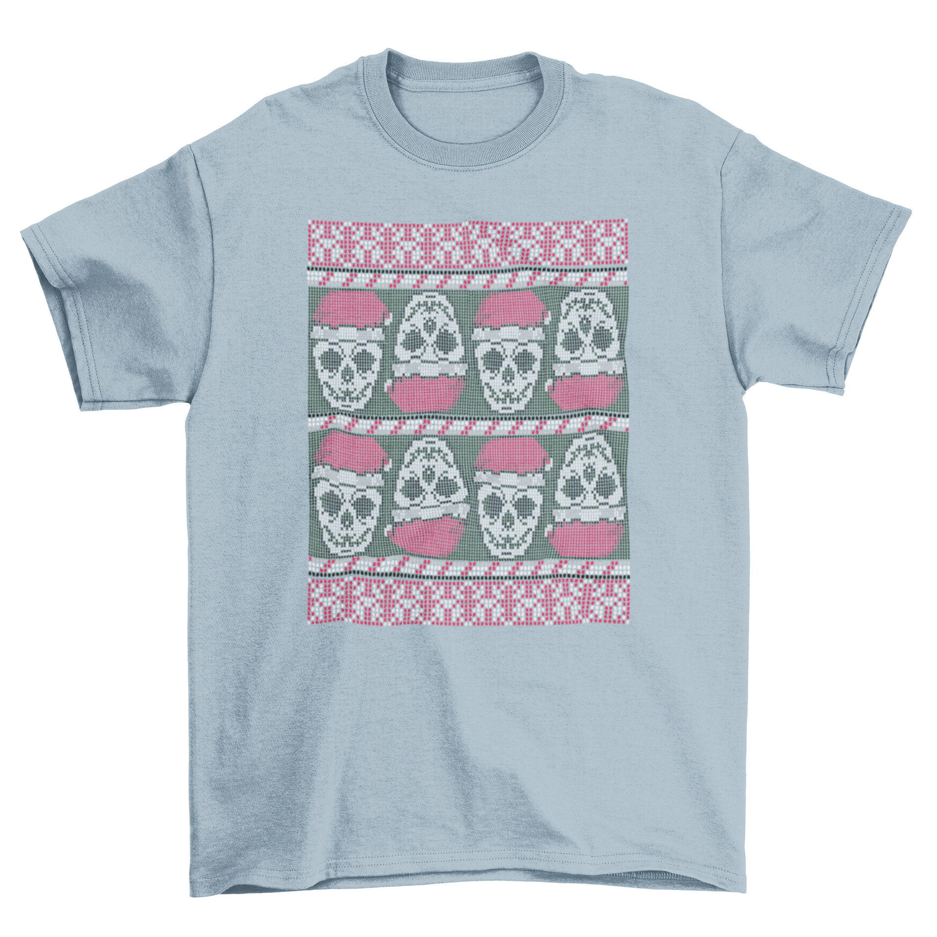 Ugly sweater skulls t-shirt featuring skulls in Santa hats, perfect for Christmas celebrations.