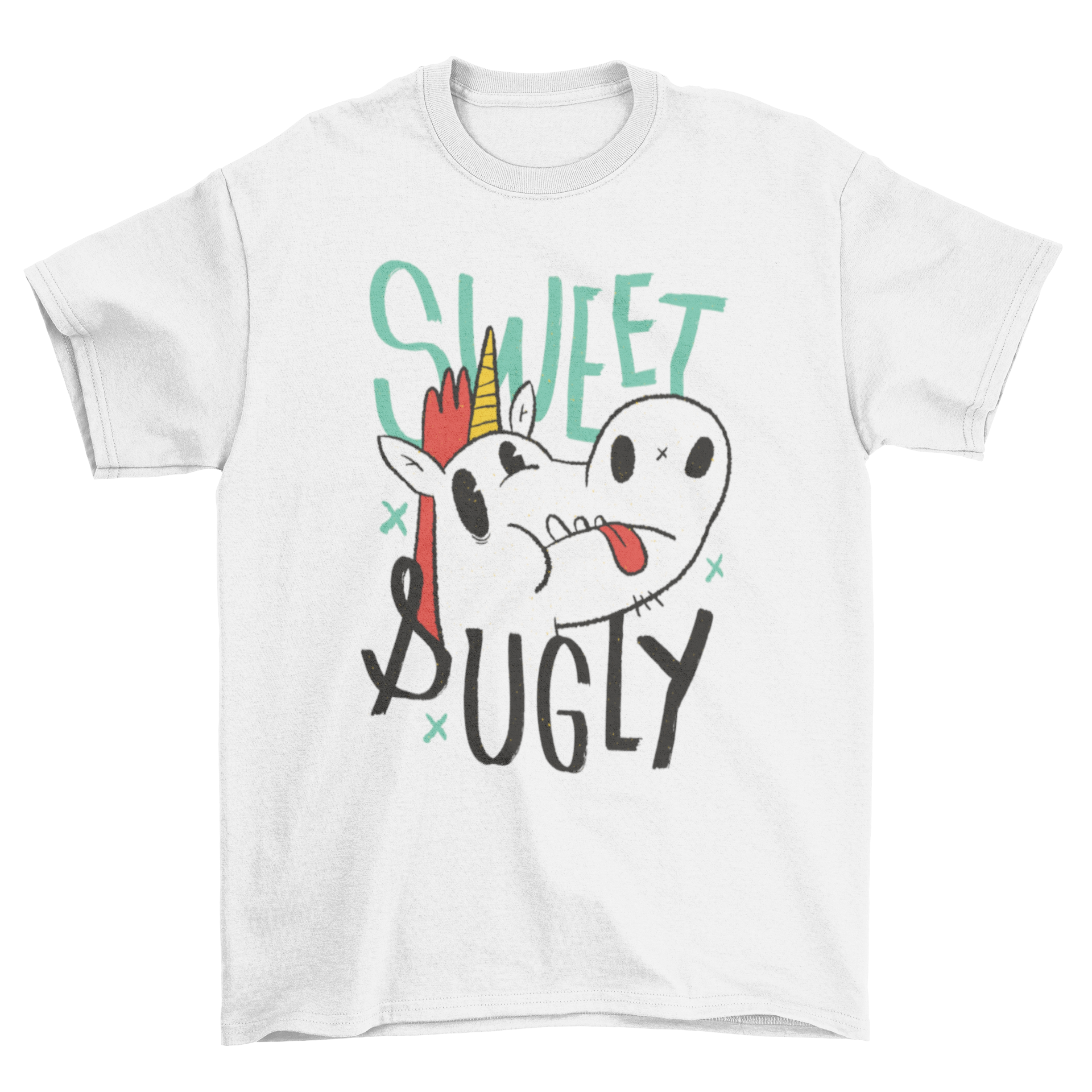 A colorful t-shirt featuring an ugly unicorn cartoon with the text 'SWEET & UGLY' printed on it.