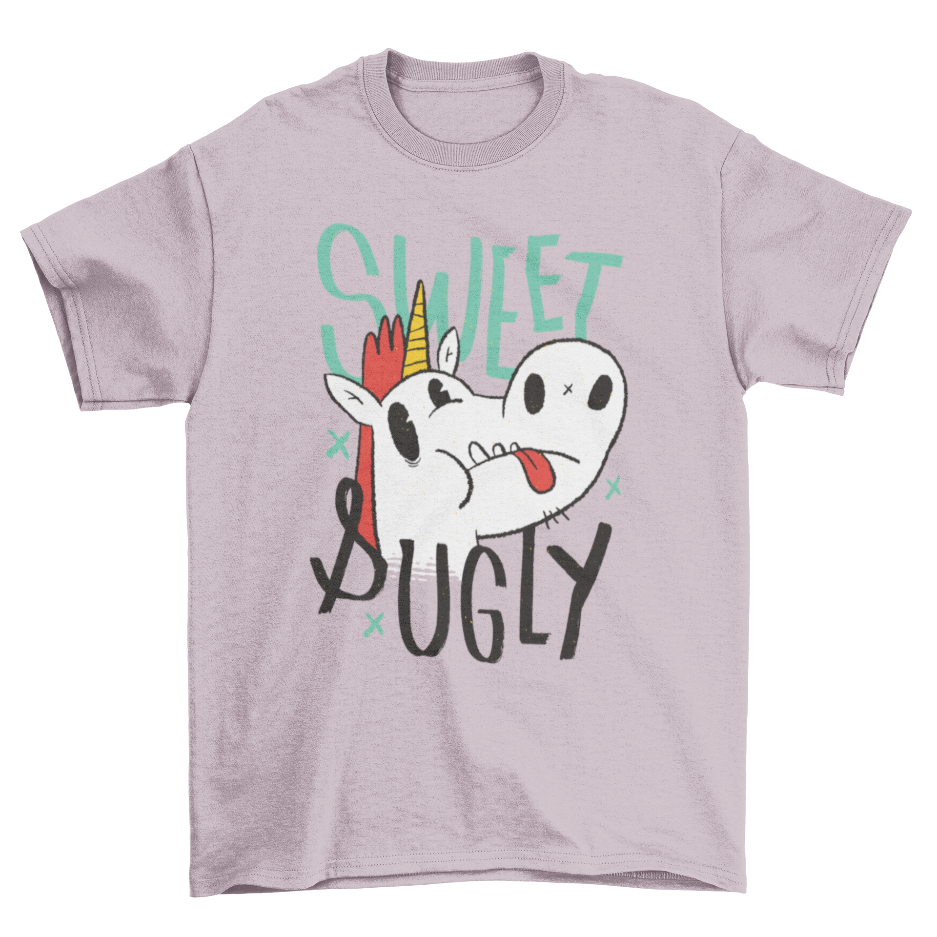 A colorful t-shirt featuring an ugly unicorn cartoon with the text 'SWEET & UGLY' printed on it.