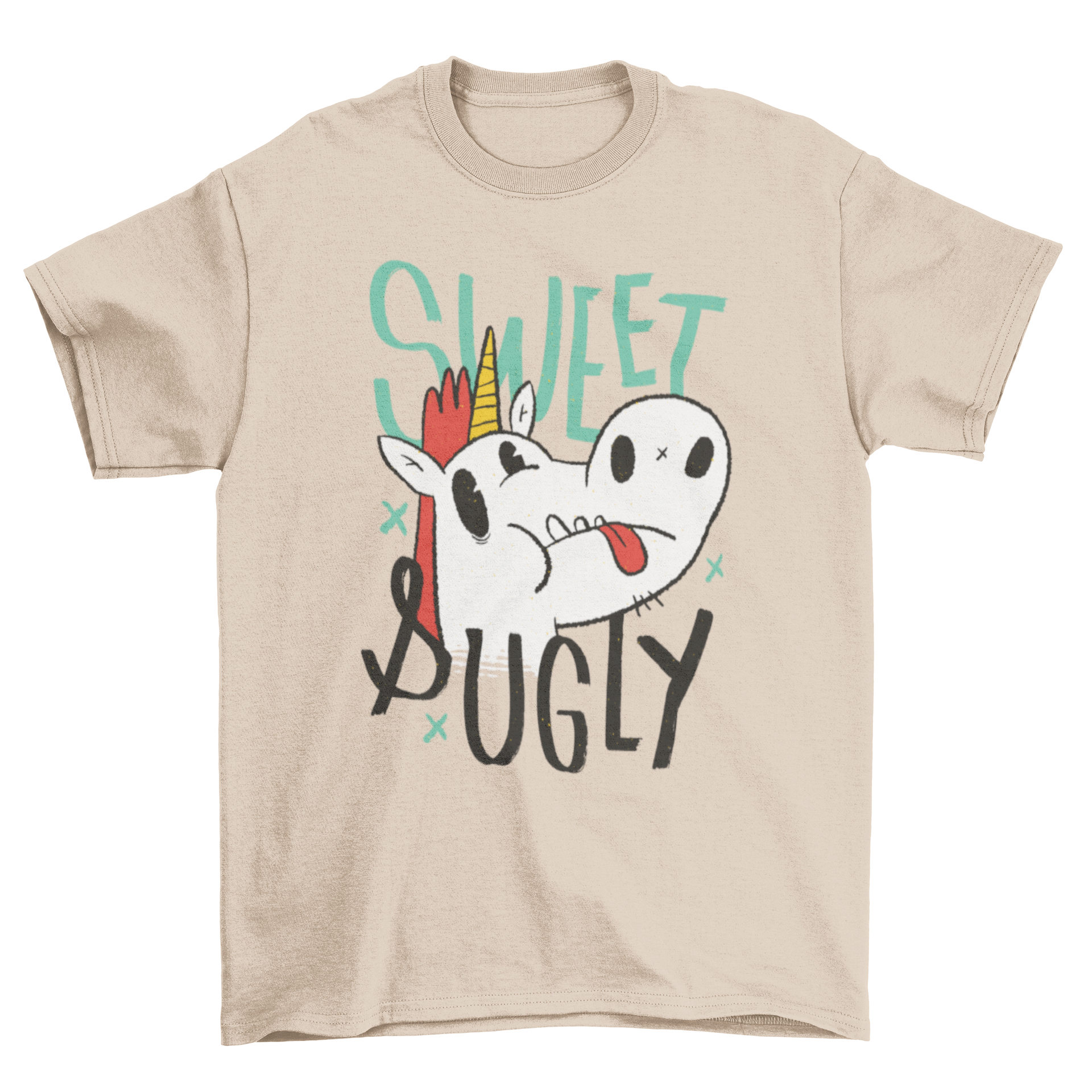 A colorful t-shirt featuring an ugly unicorn cartoon with the text 'SWEET & UGLY' printed on it.