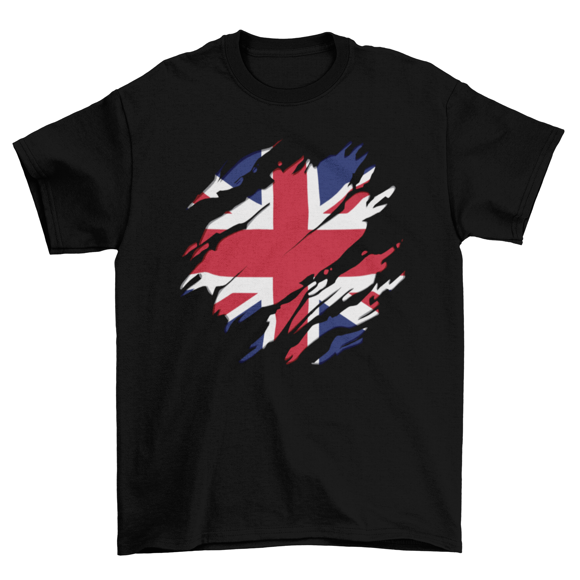 A stylish t-shirt featuring a scratched design of the United Kingdom flag, showcasing vibrant colors and a modern twist.