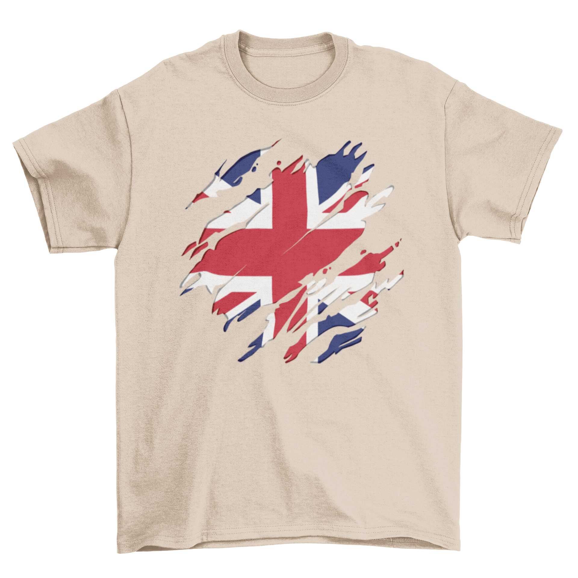 A stylish t-shirt featuring a scratched design of the United Kingdom flag, showcasing vibrant colors and a modern twist.